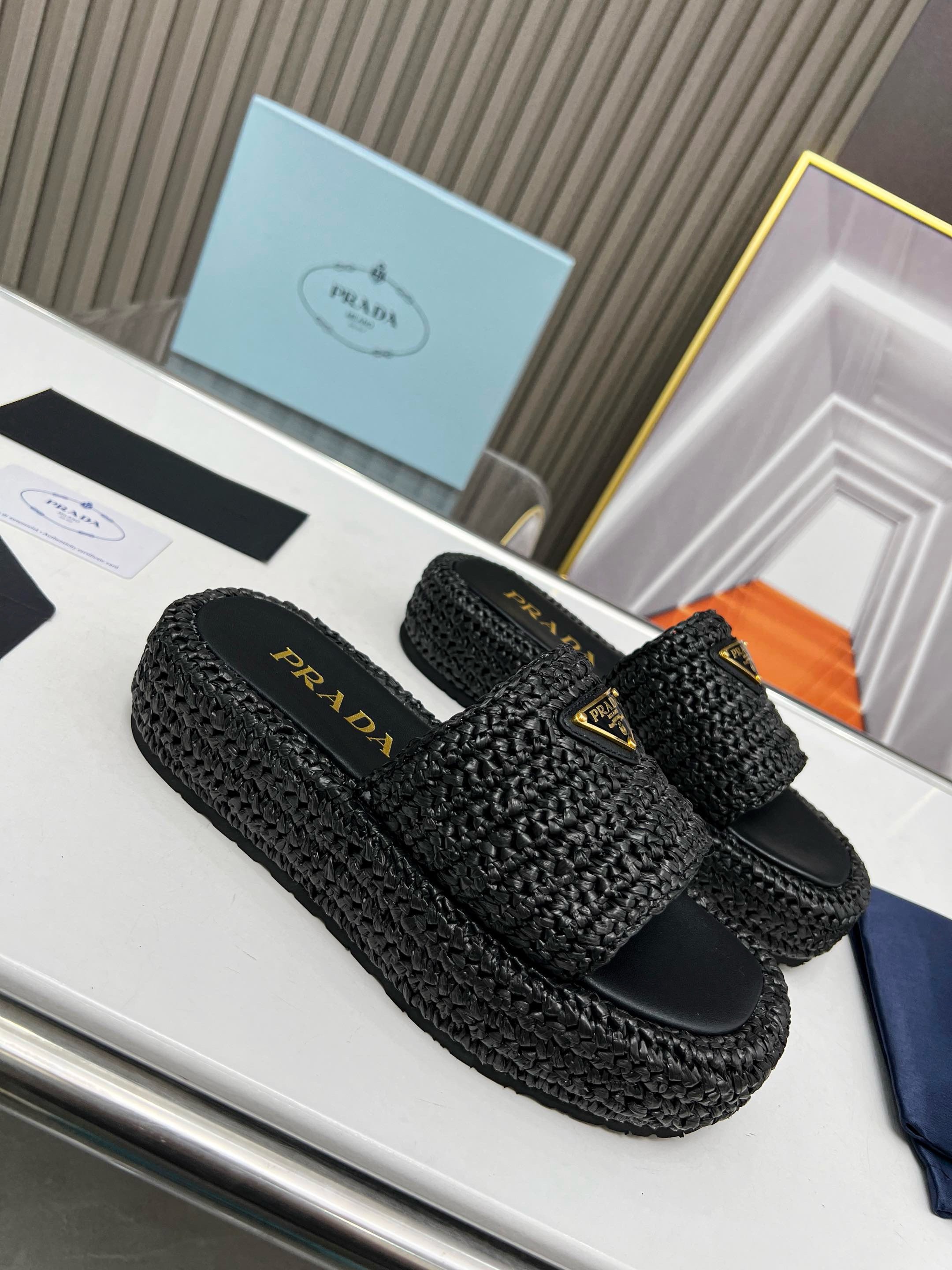 Prada Crochet Flatform Slides in Black Raffia-effect Yarn