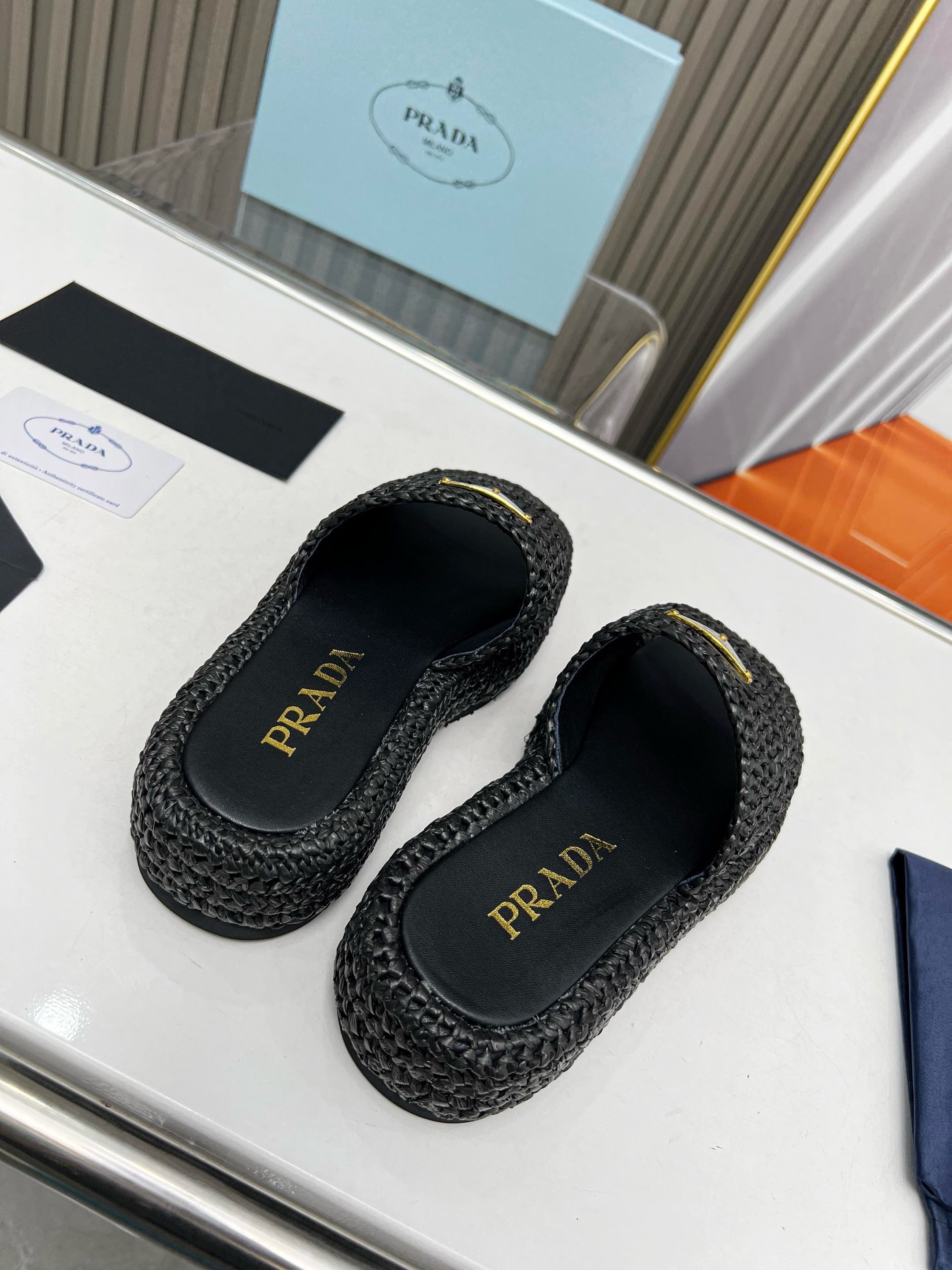 Prada Crochet Flatform Slides in Black Raffia-effect Yarn