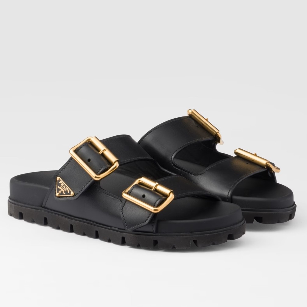 Prada Women's Strap Slides Sandals in Black Leather