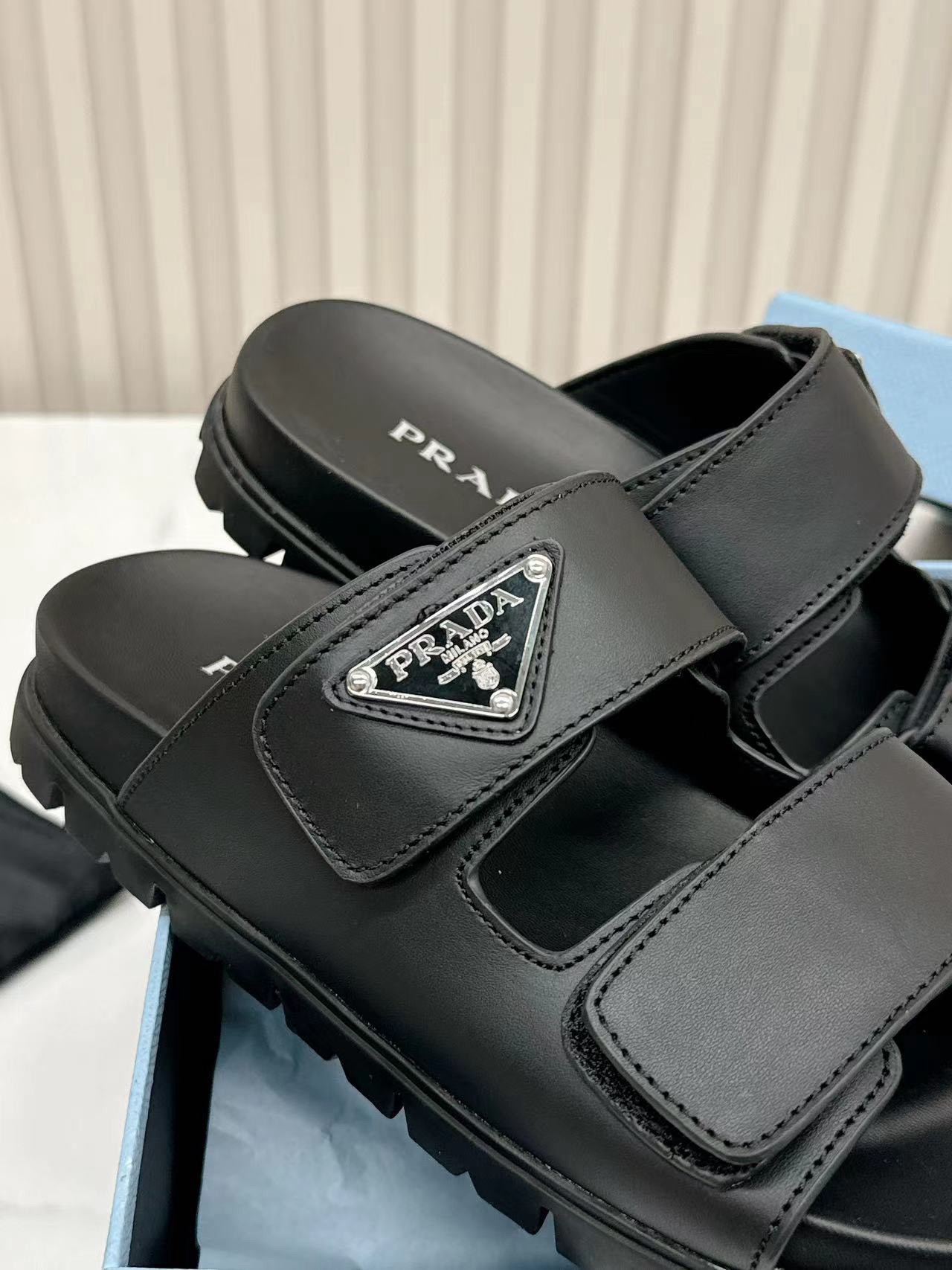 Prada Women's Strap Slides Sandals in Black Calfskin