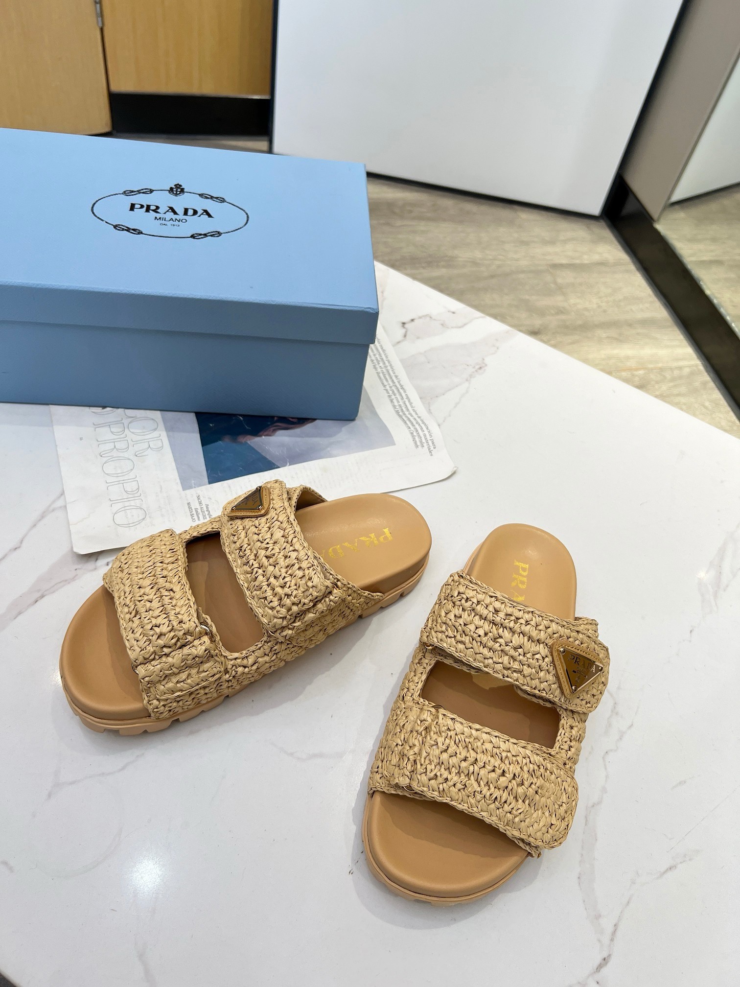 Prada Women's Crochet Sandals in Natural Raffia