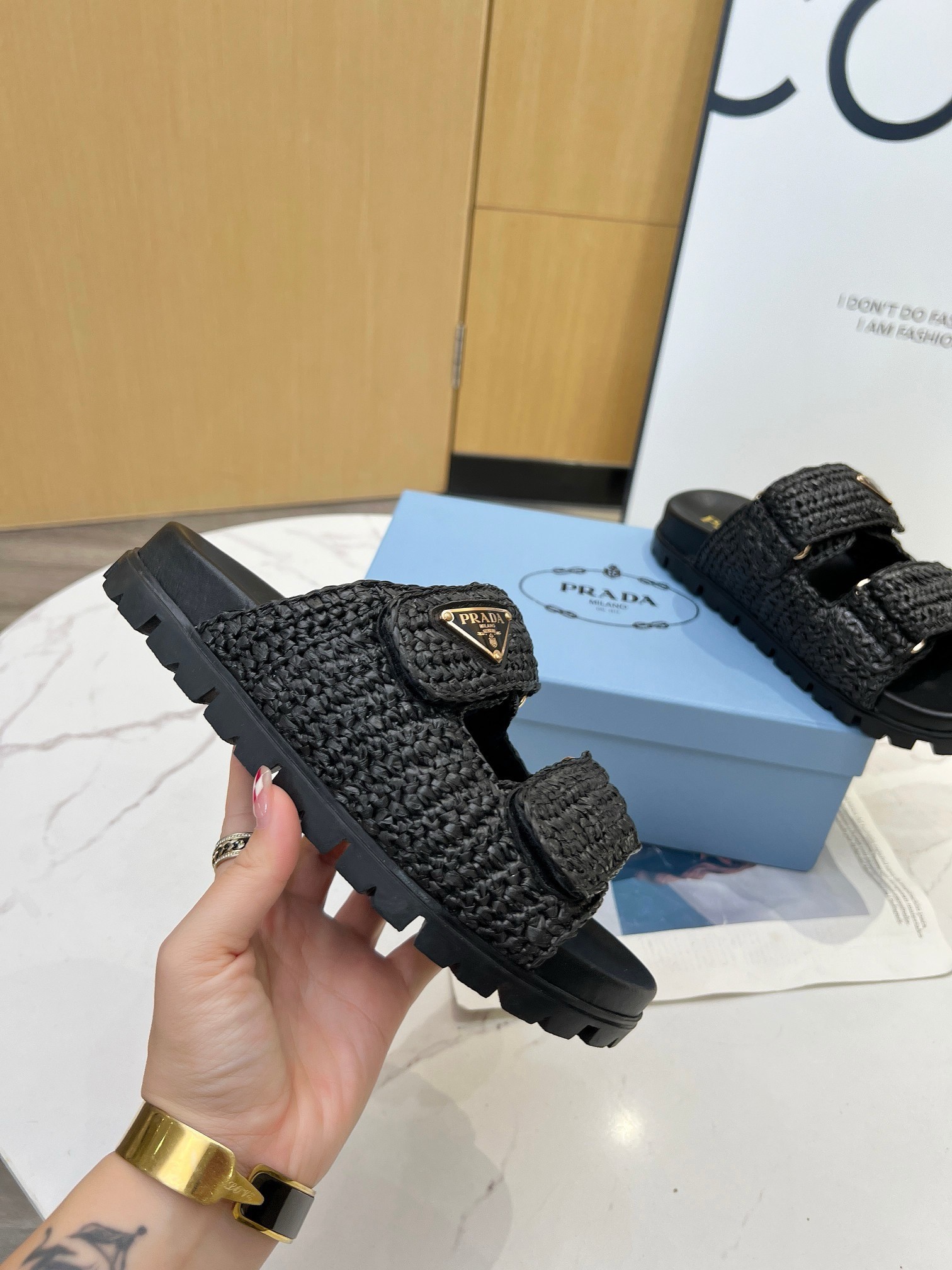 Prada Women's Crochet Sandals in Black Raffia