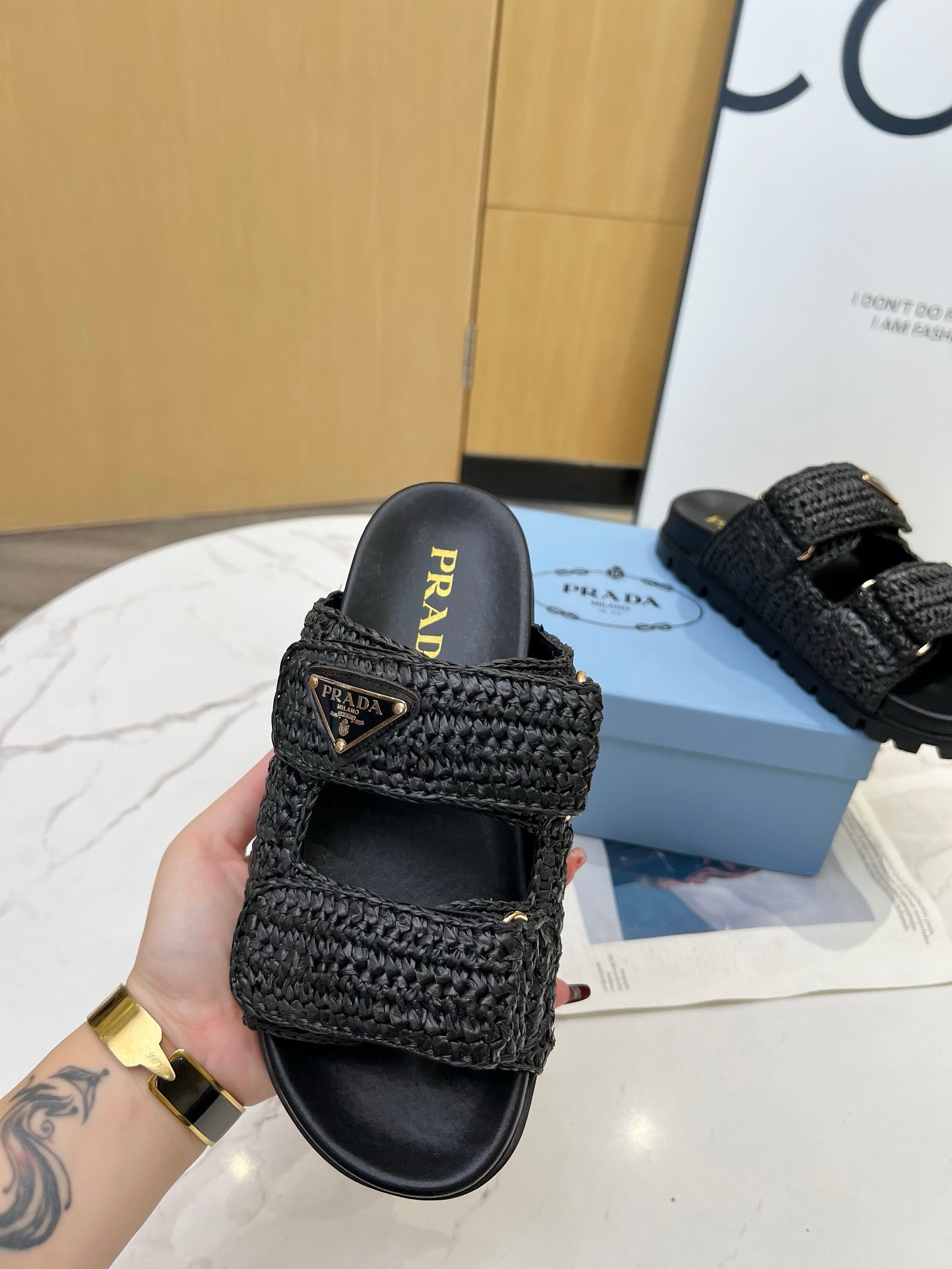 Prada Women's Crochet Sandals in Black Raffia