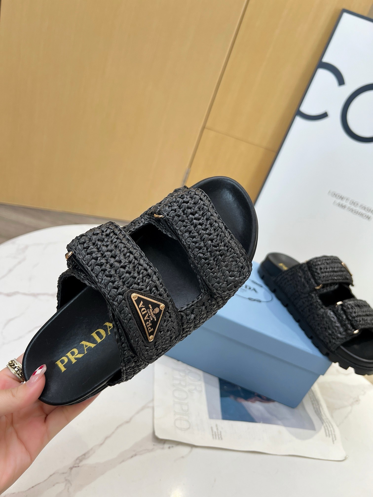 Prada Women's Crochet Sandals in Black Raffia