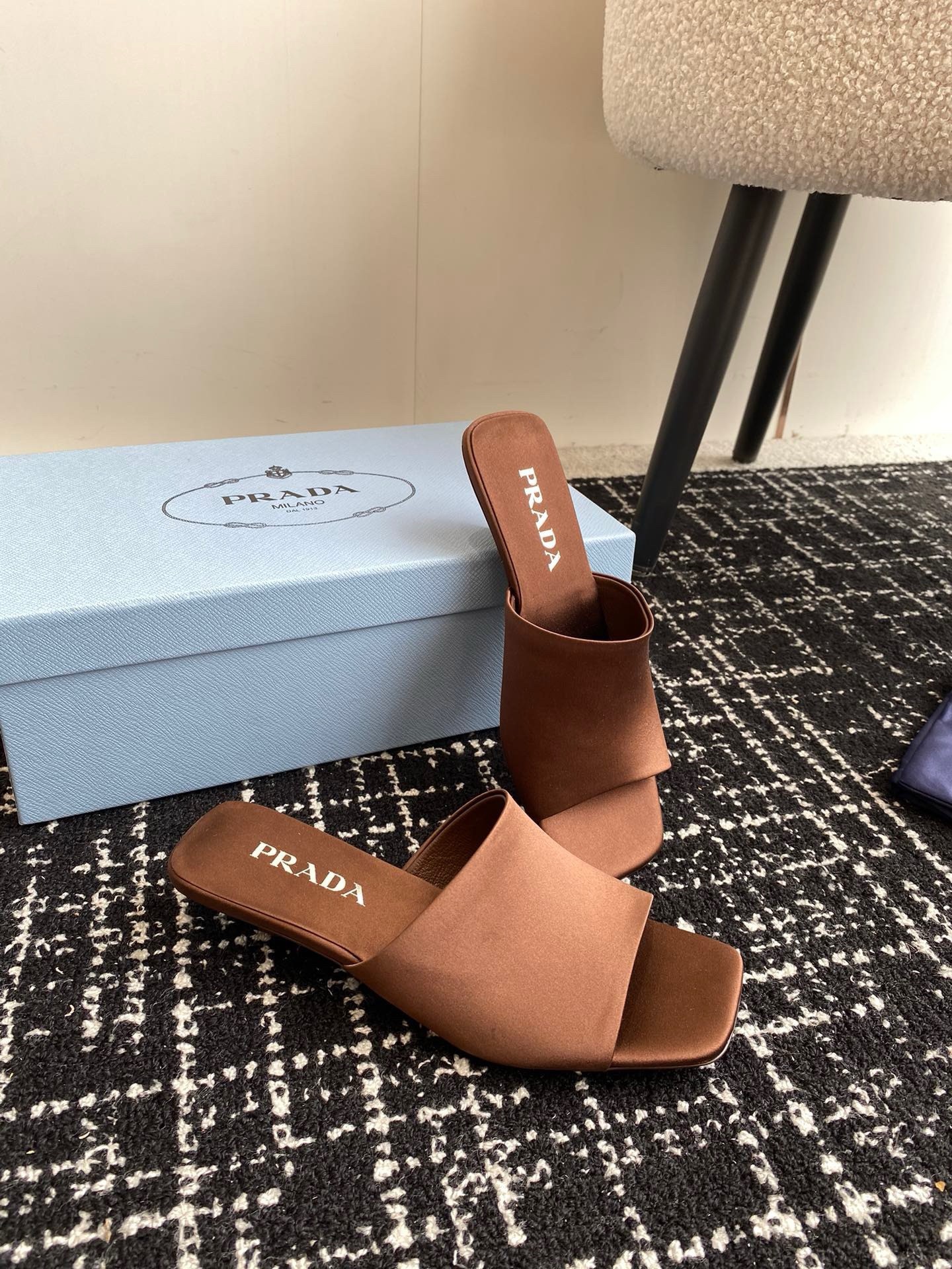 Prada Heeled Slides 35mm in Tobacco Satin