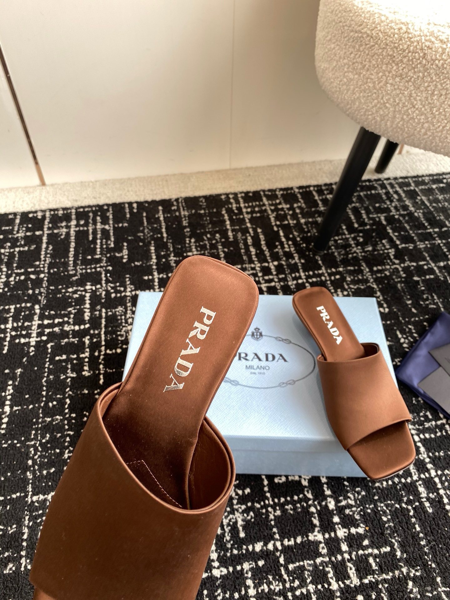 Prada Heeled Slides 35mm in Tobacco Satin