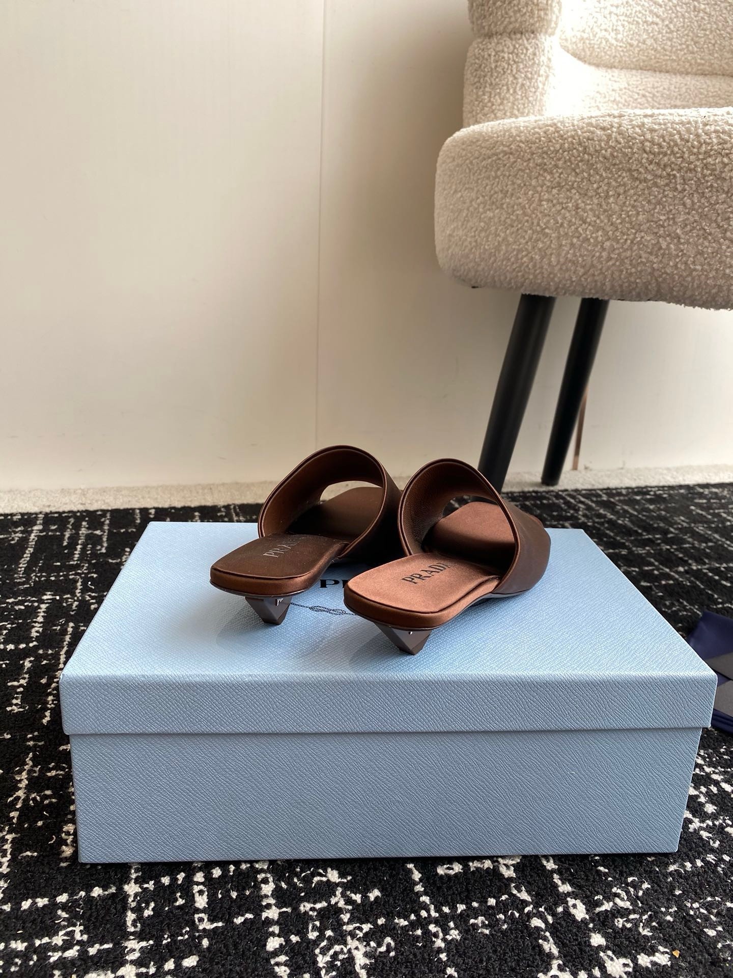 Prada Heeled Slides 35mm in Tobacco Satin