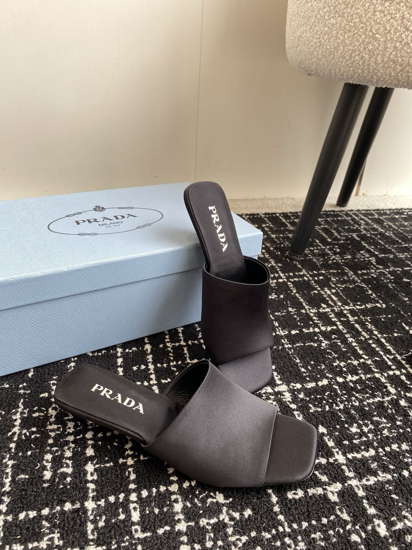 Prada Heeled Slides 35mm in Black Satin