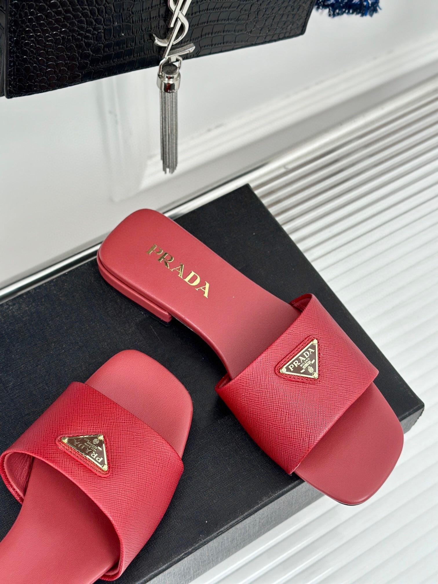 Prada Women's Slides in Red Saffiano Leather