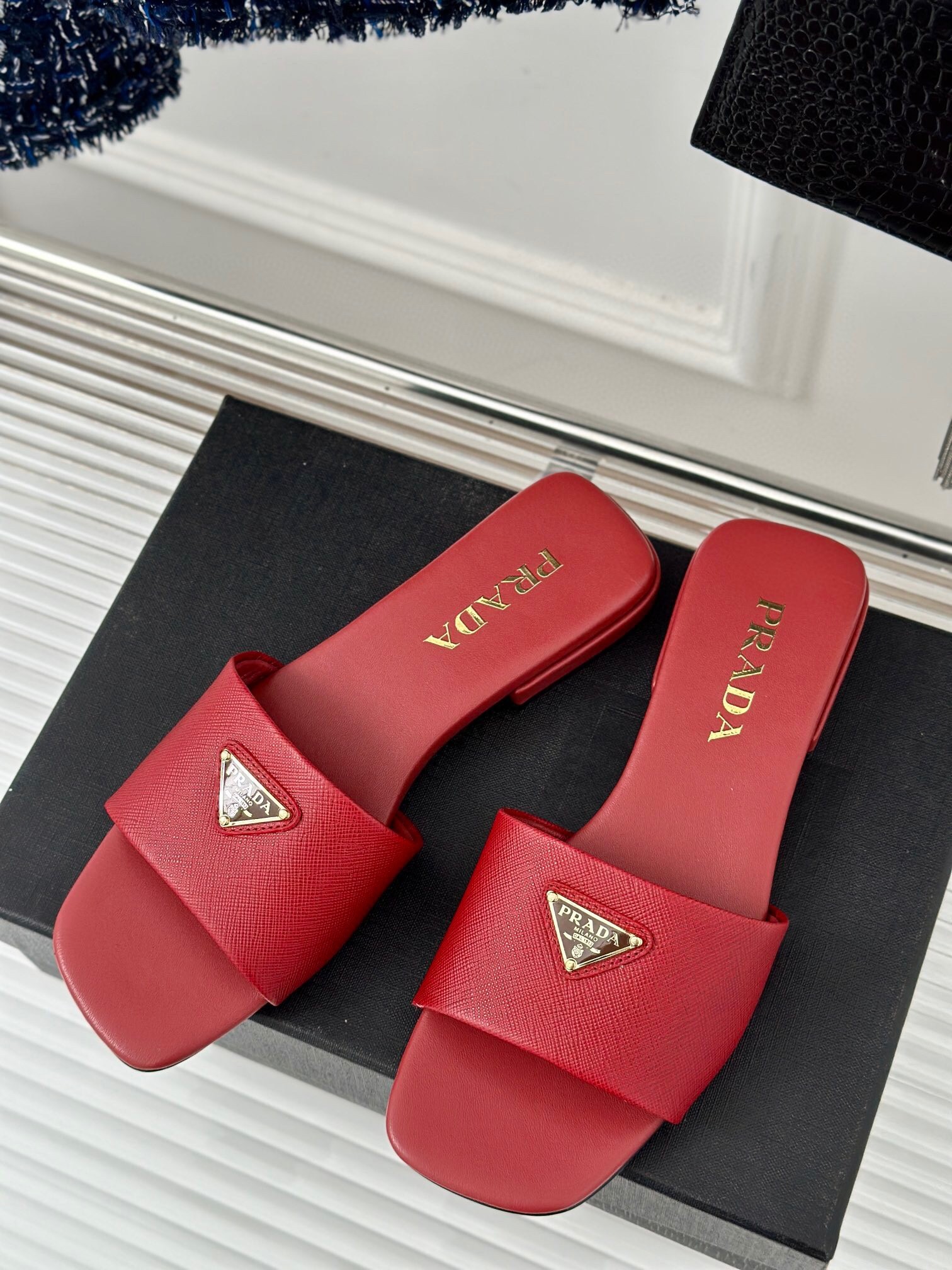 Prada Women's Slides in Red Saffiano Leather