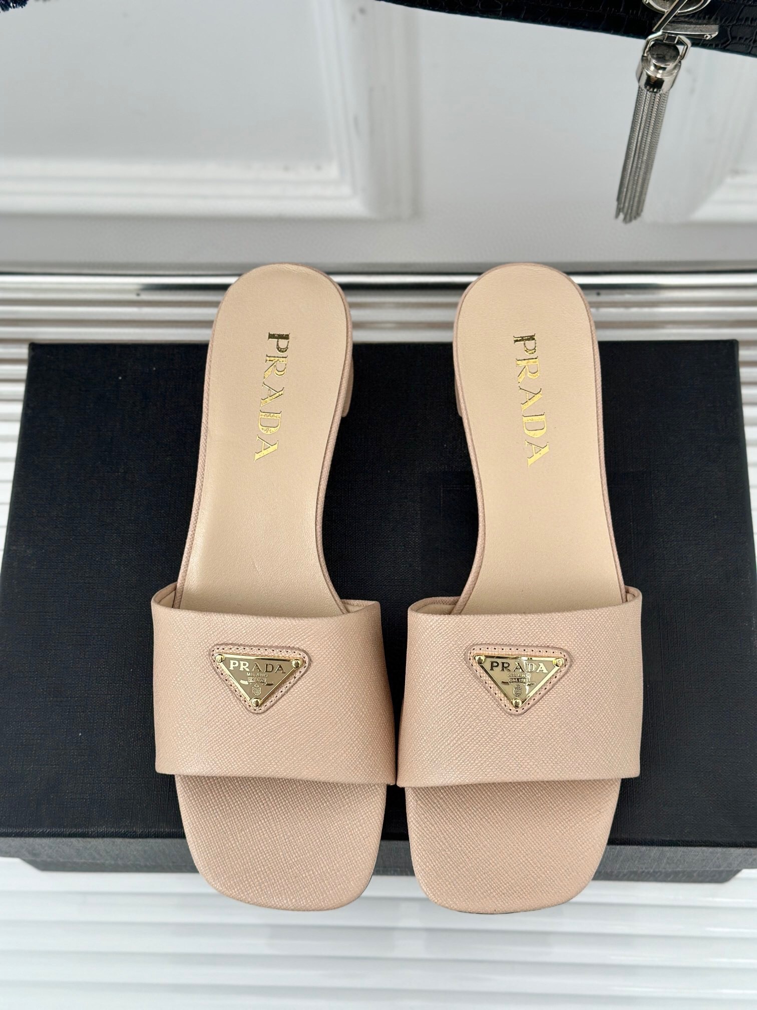 Prada Heeled Sandals 35mm in Beige Saffiano Leather