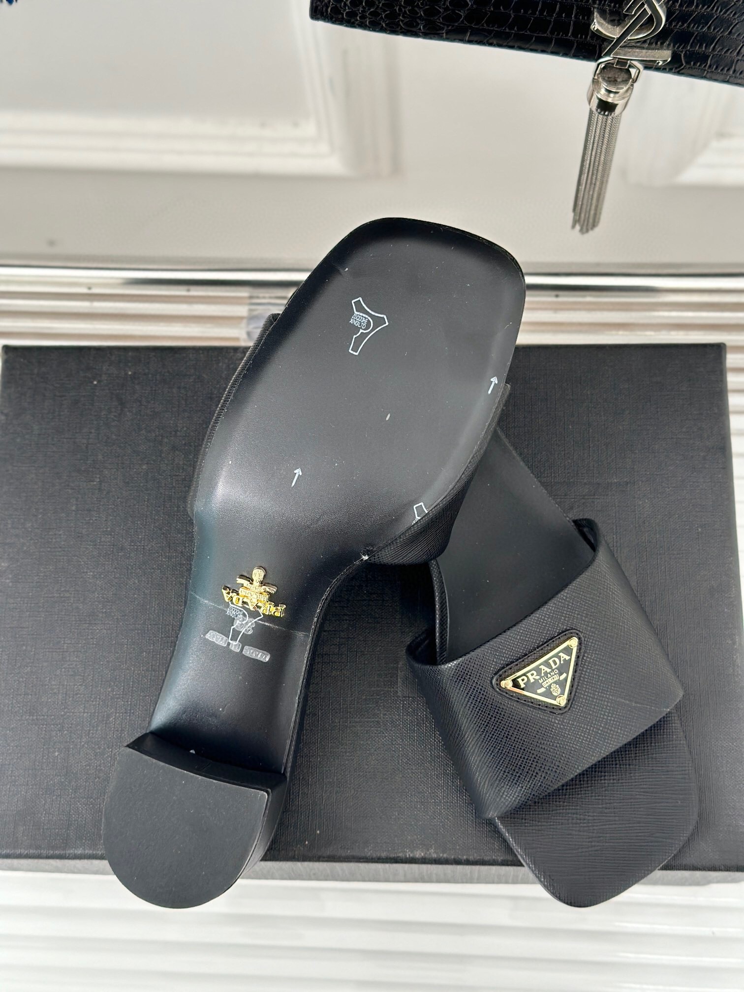 Prada Heeled Sandals 35mm in Black Saffiano Leather