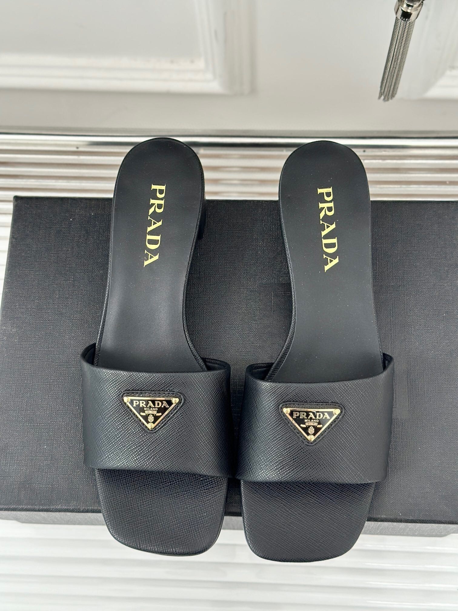 Prada Heeled Sandals 35mm in Black Saffiano Leather