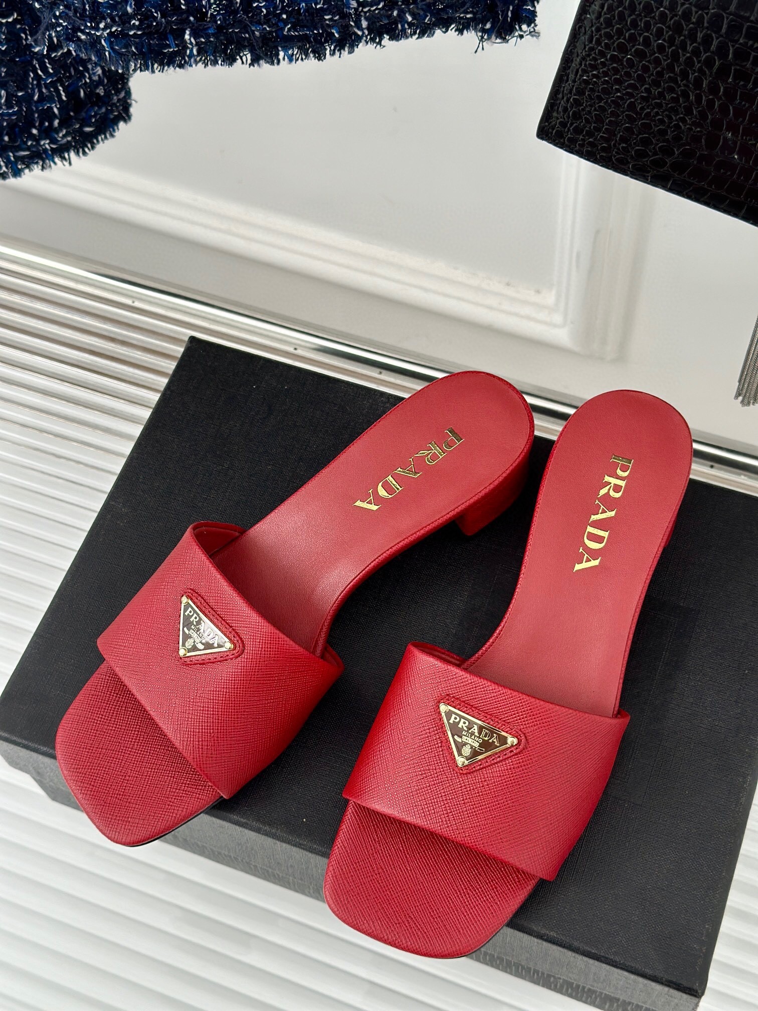 Prada Heeled Sandals 35mm in Red Saffiano Leather