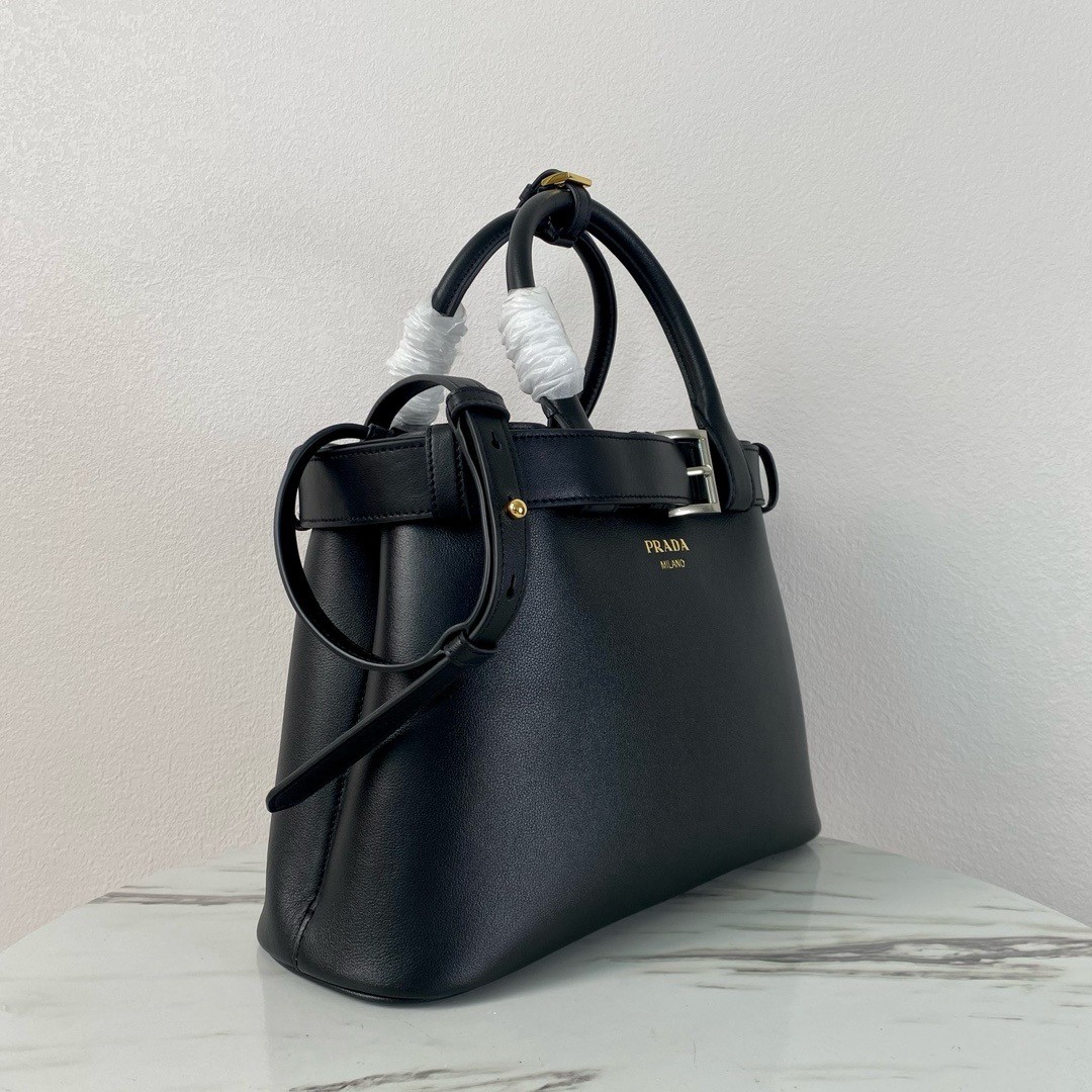 Prada Buckle Medium Bag with Belt in Black Leather