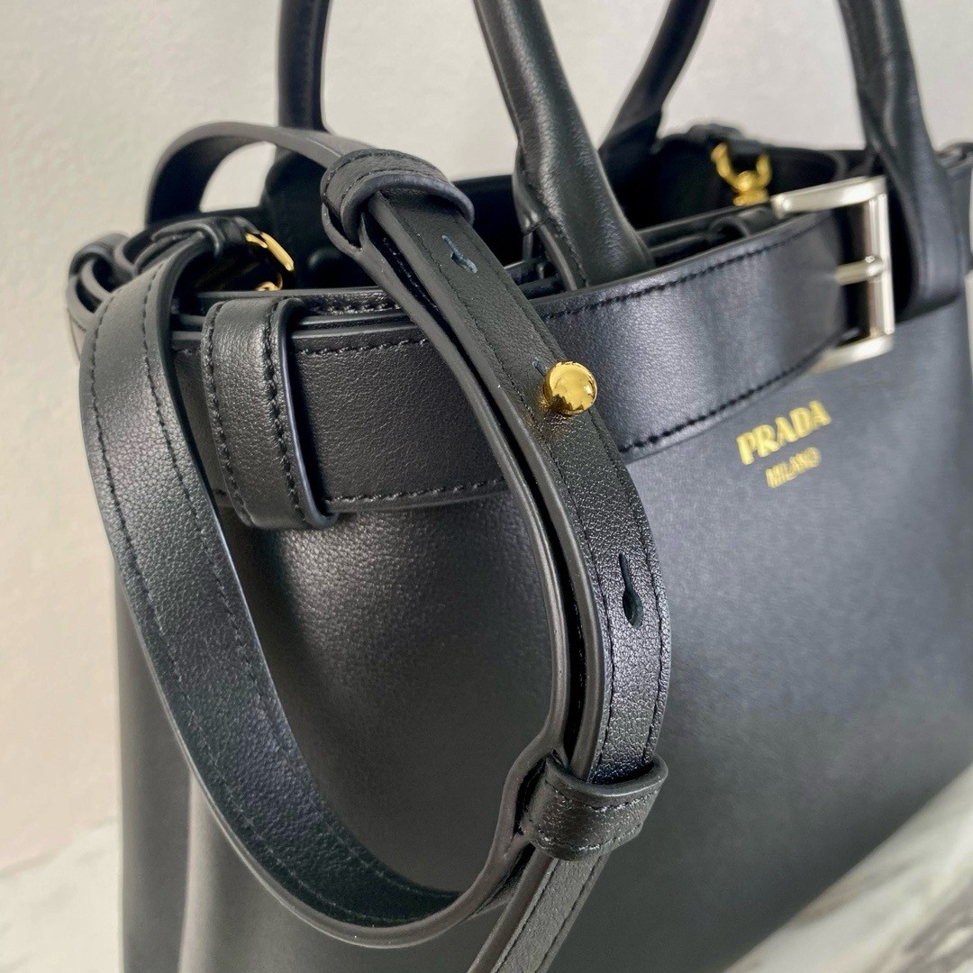 Prada Buckle Medium Bag with Belt in Black Leather