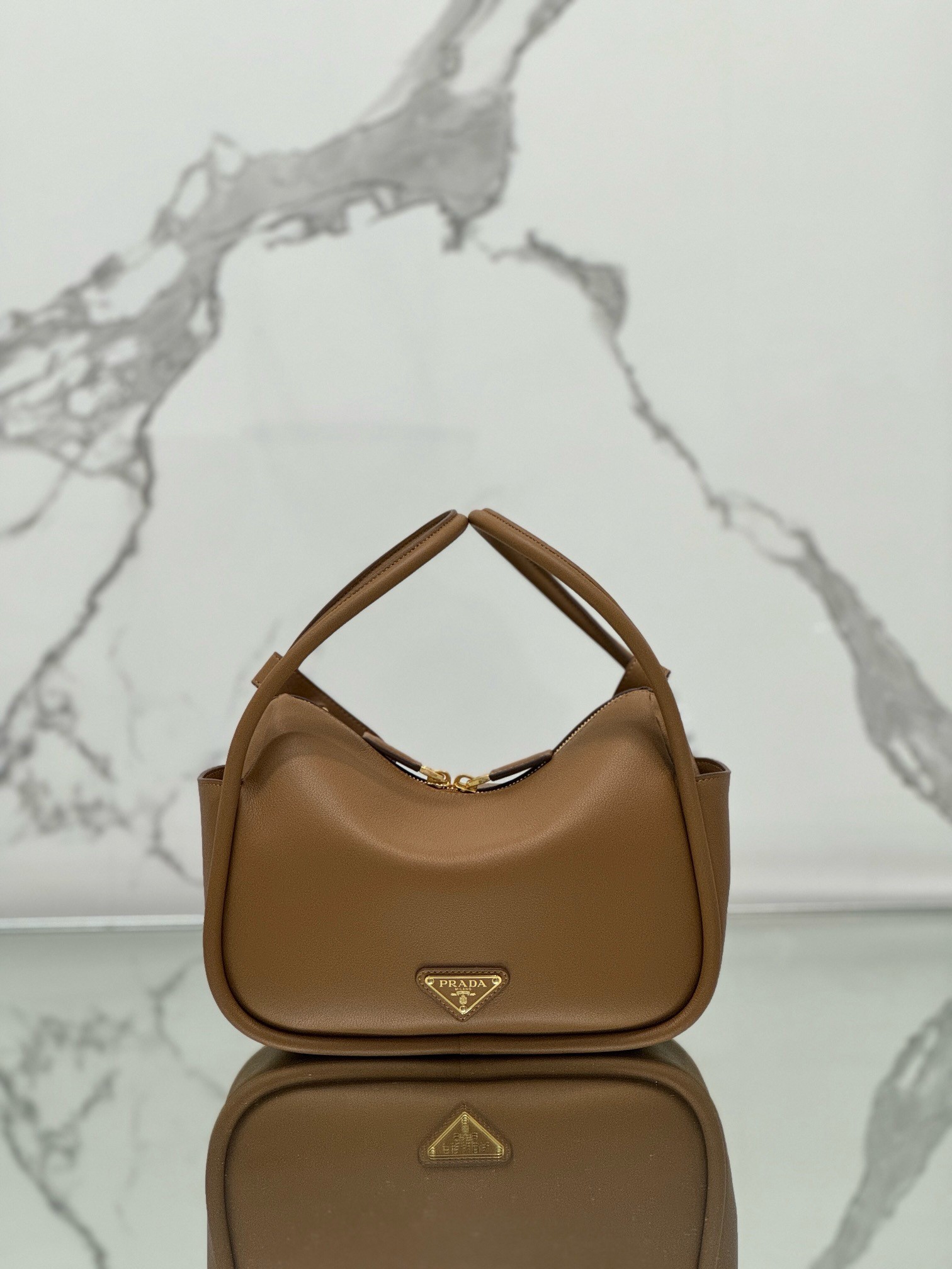 Prada Top Handle Bag in Caramel Grained Leather