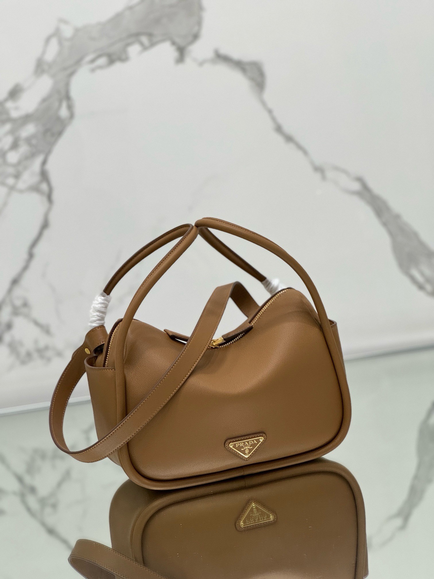 Prada Top Handle Bag in Caramel Grained Leather