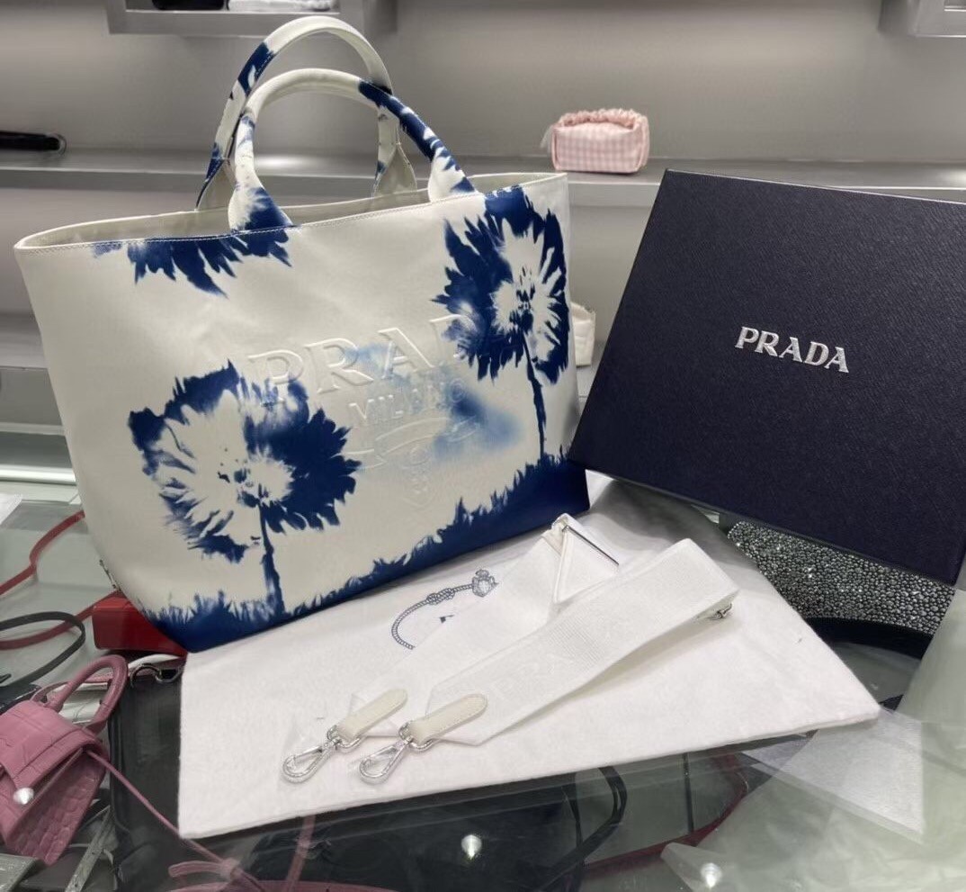 Prada Drill Tote Bag with Blue Printed