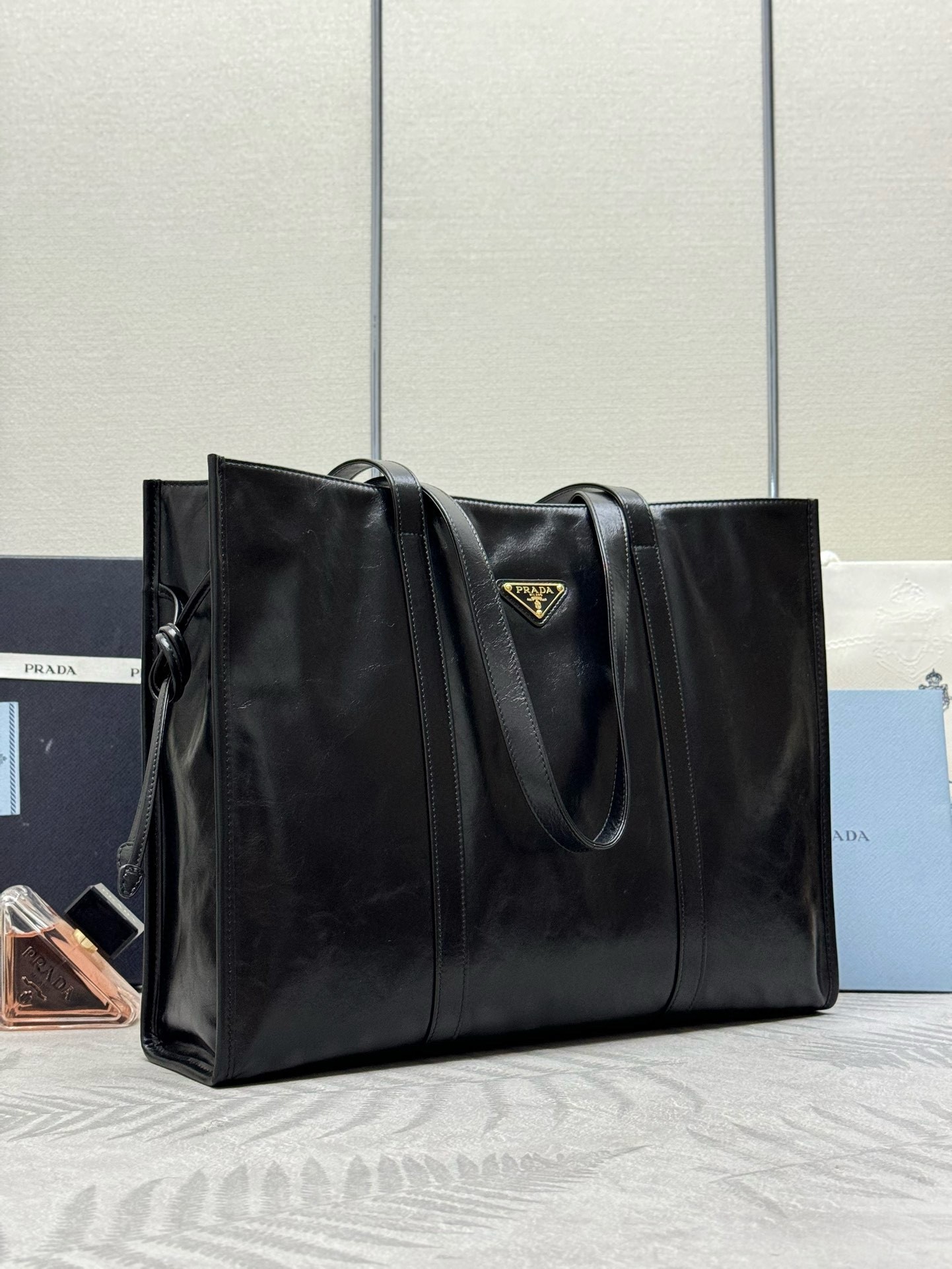 Prada Large Tote Bag in Black Lambskin