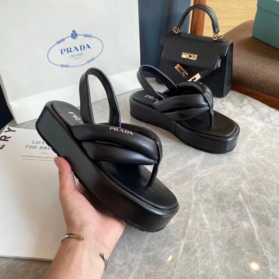 Prada Thong Flatform Sandals In Black Nappa Leather