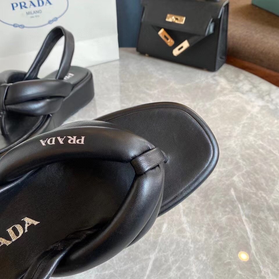 Prada Thong Flatform Sandals In Black Nappa Leather