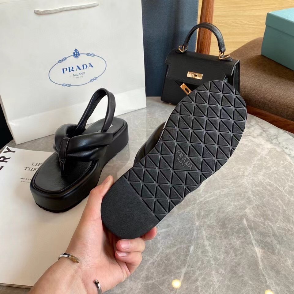 Prada Thong Flatform Sandals In Black Nappa Leather