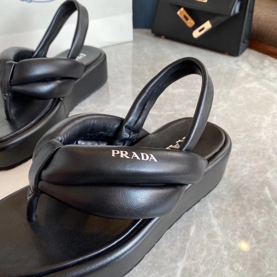 Prada Thong Flatform Sandals In Black Nappa Leather