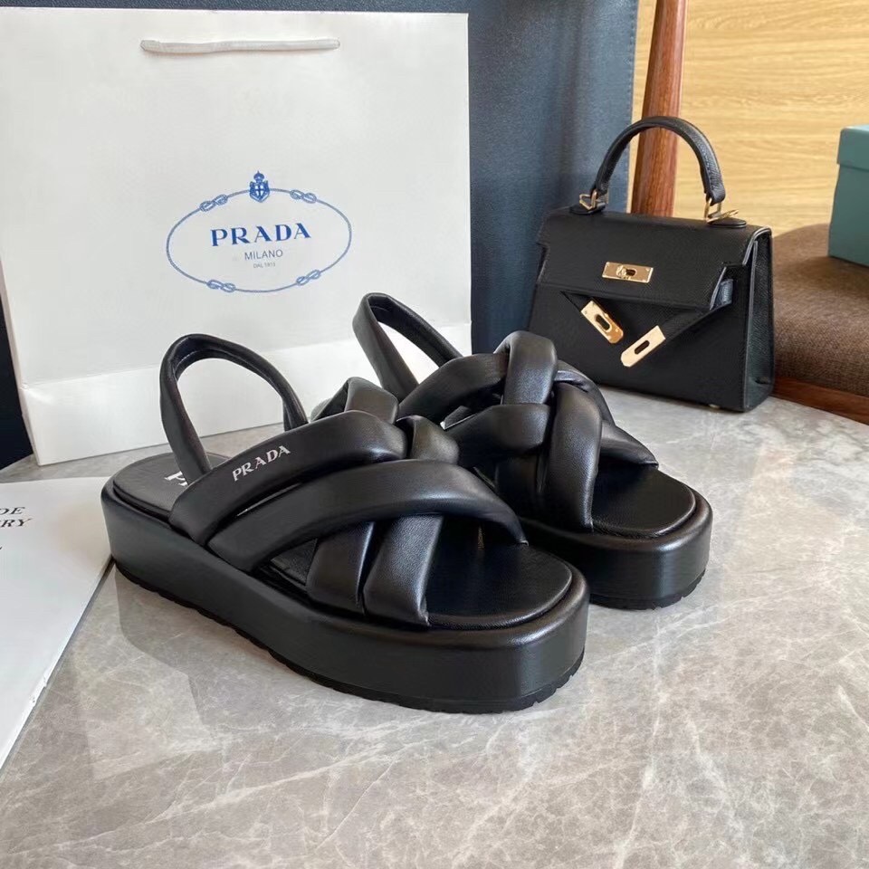 Prada Flatform Sandals In Black Nappa Leather