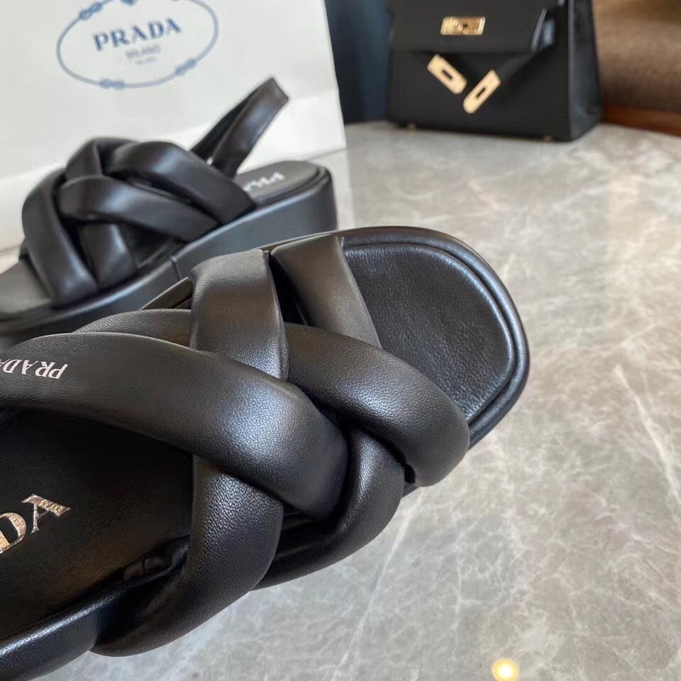 Prada Flatform Sandals In Black Nappa Leather