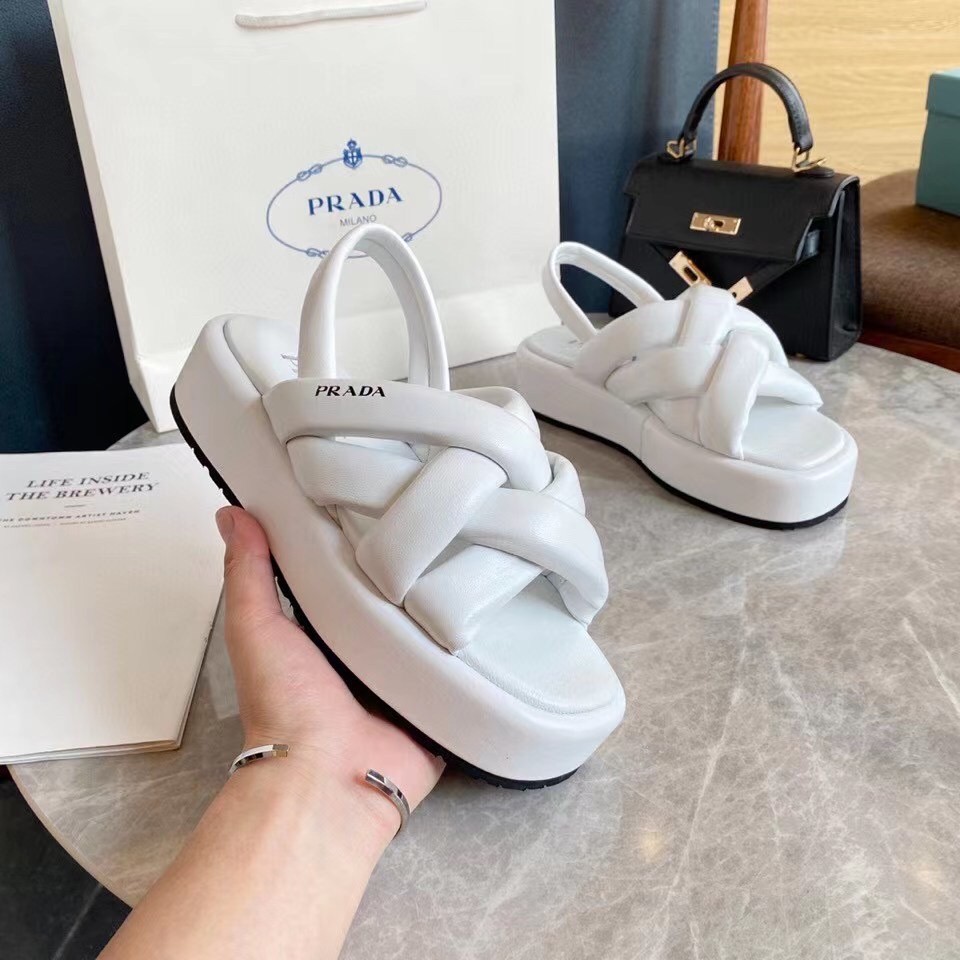 Prada Flatform Sandals In White Nappa Leather