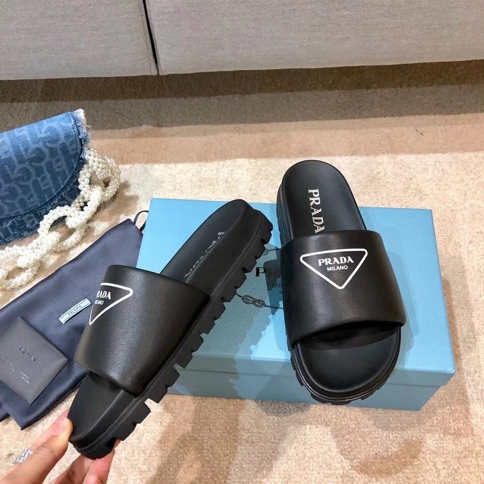 Prada Slide Sandals In Black Leather