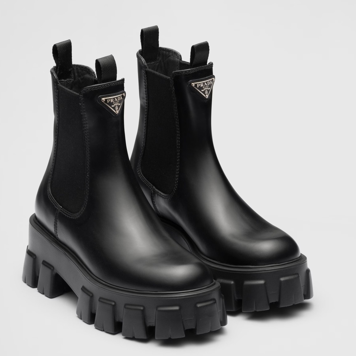 Prada Monolith Ankle Boots in Black Brushed Leather