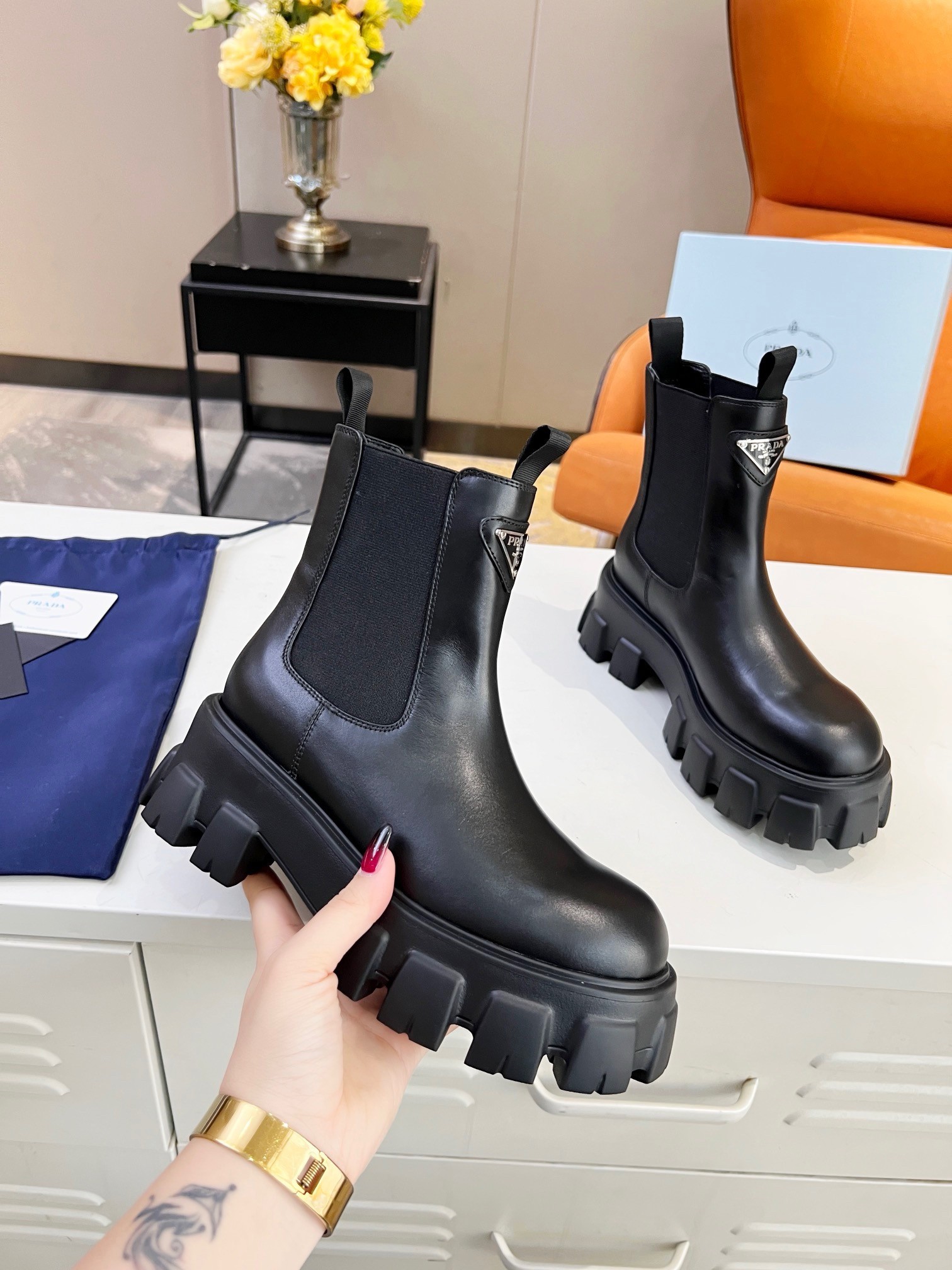 Prada Monolith Ankle Boots in Black Brushed Leather