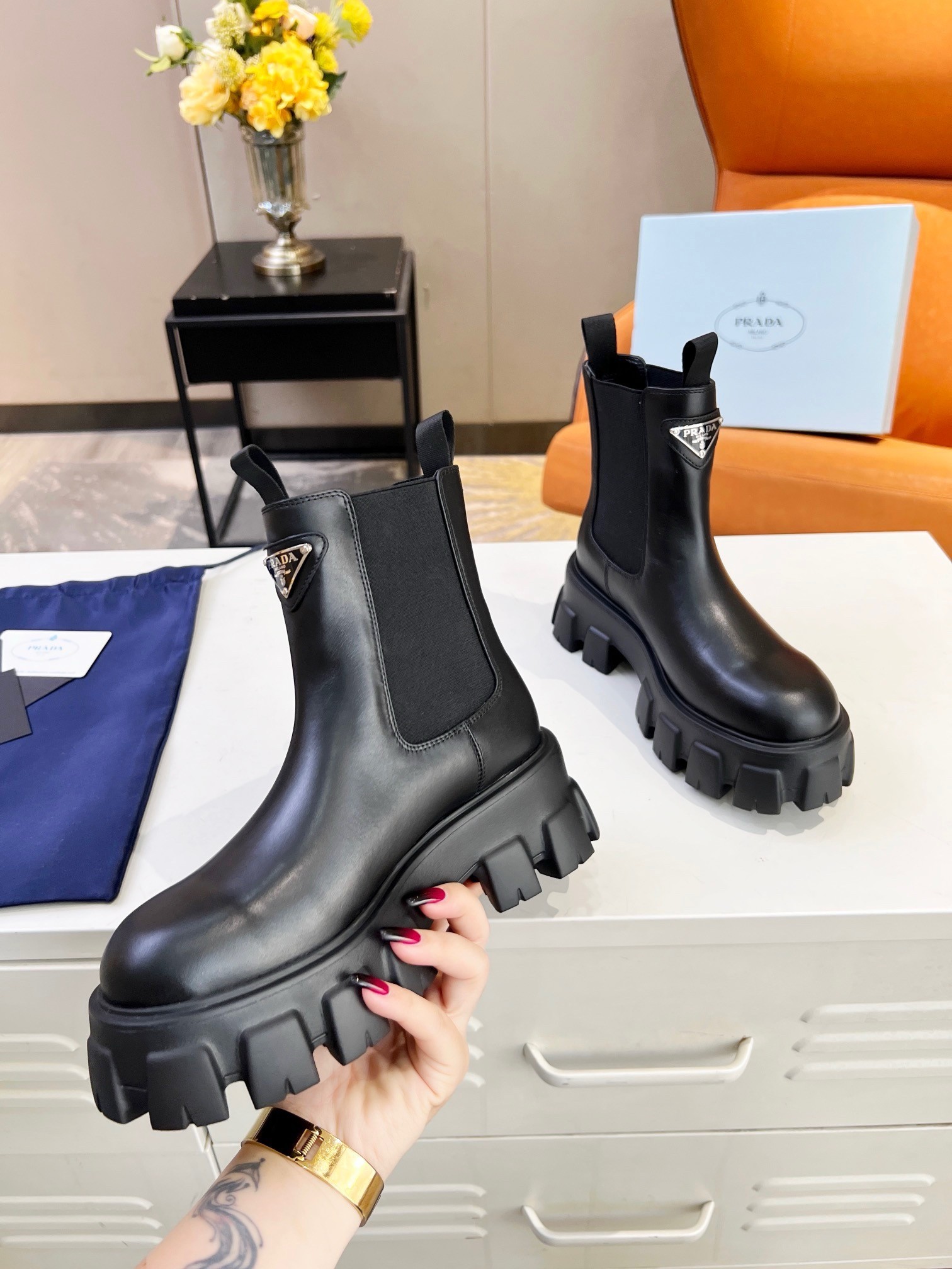 Prada Monolith Ankle Boots in Black Brushed Leather