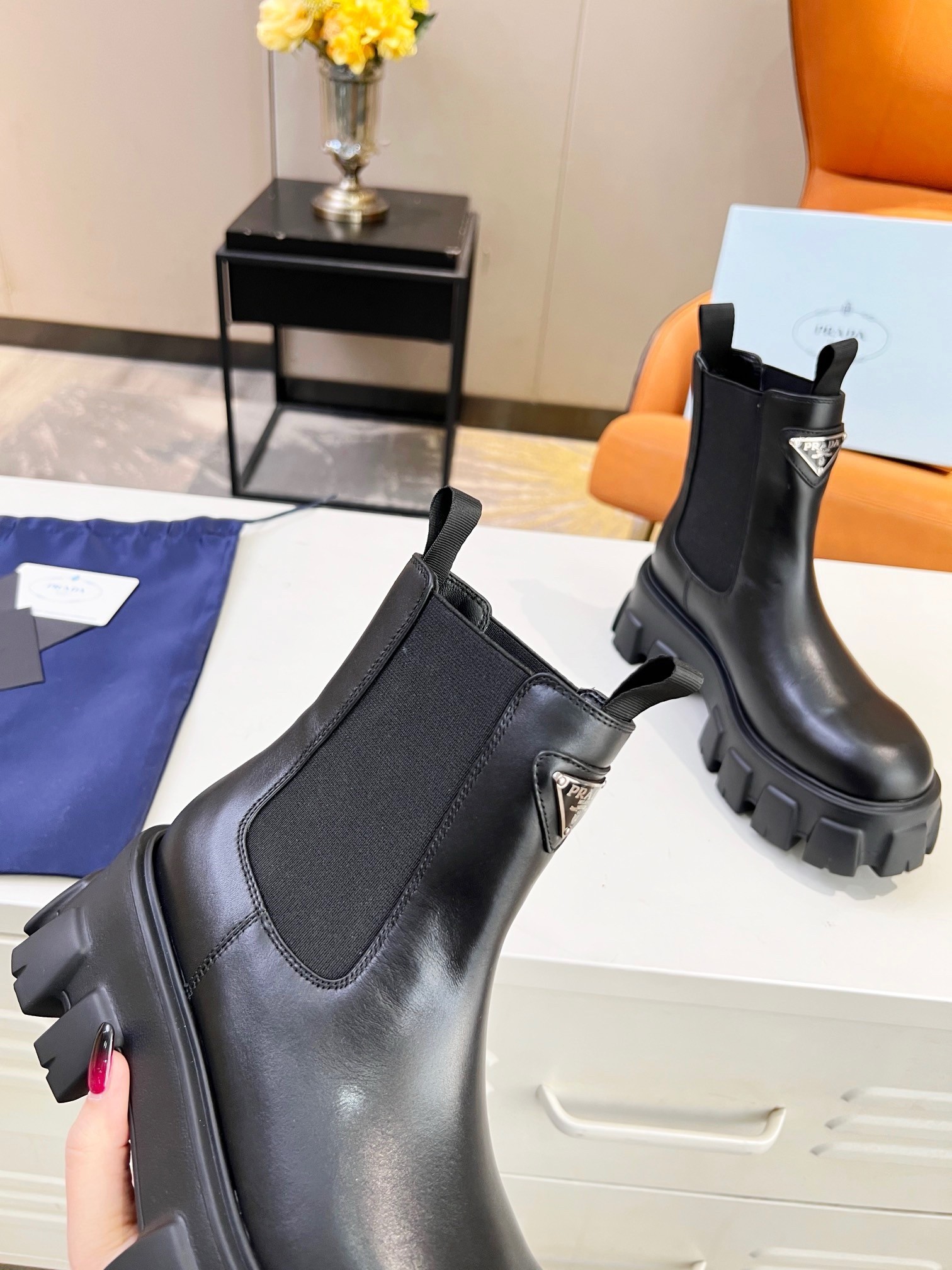 Prada Monolith Ankle Boots in Black Brushed Leather