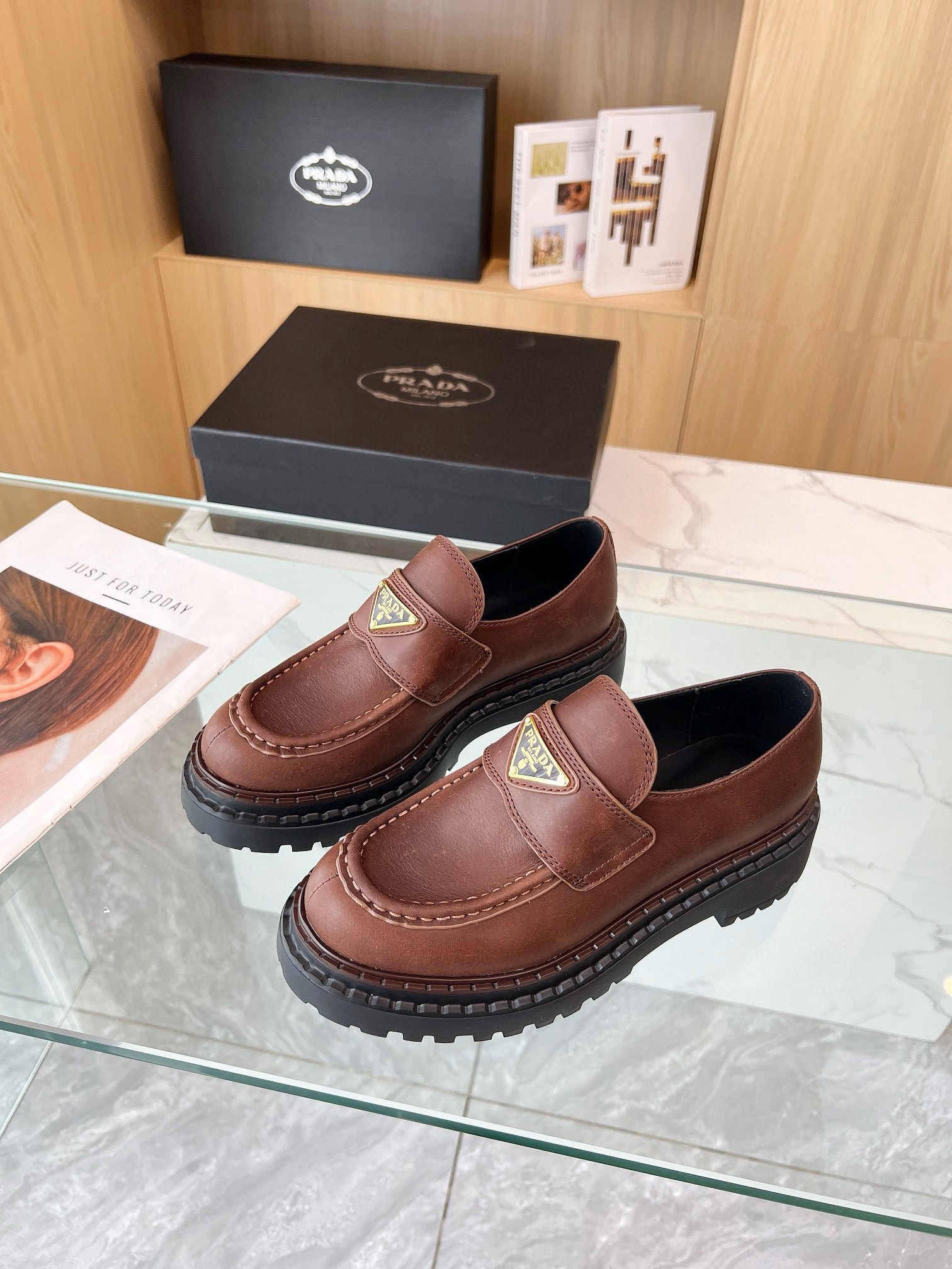 Prada Women's Double Chocolate Loafers in Cognac Leather