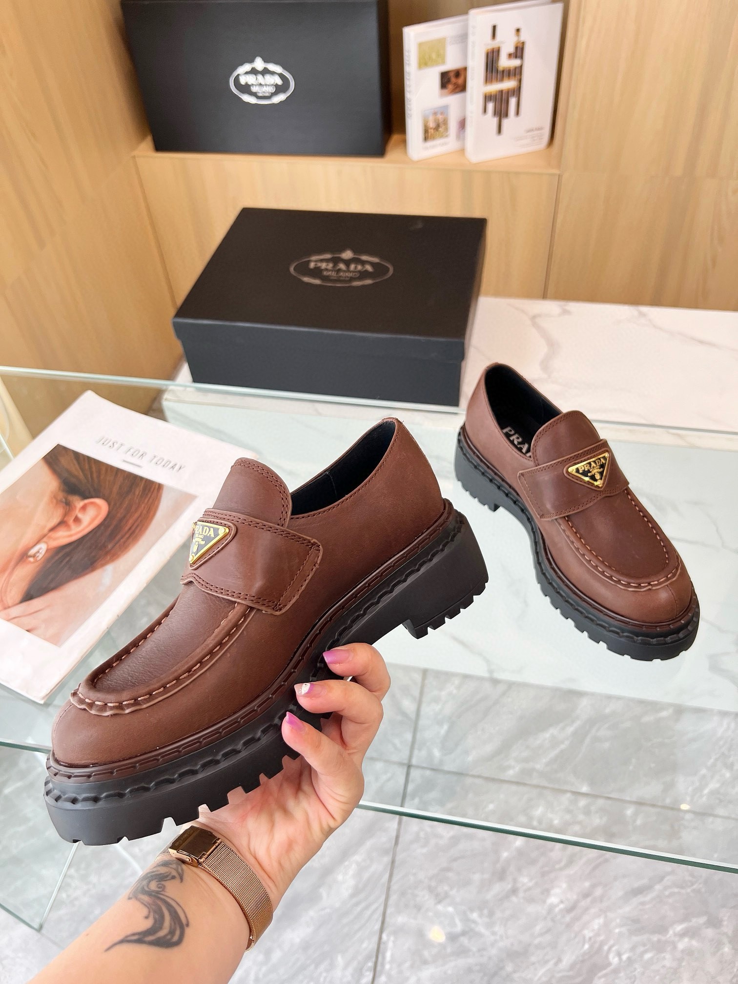 Prada Women's Double Chocolate Loafers in Cognac Leather