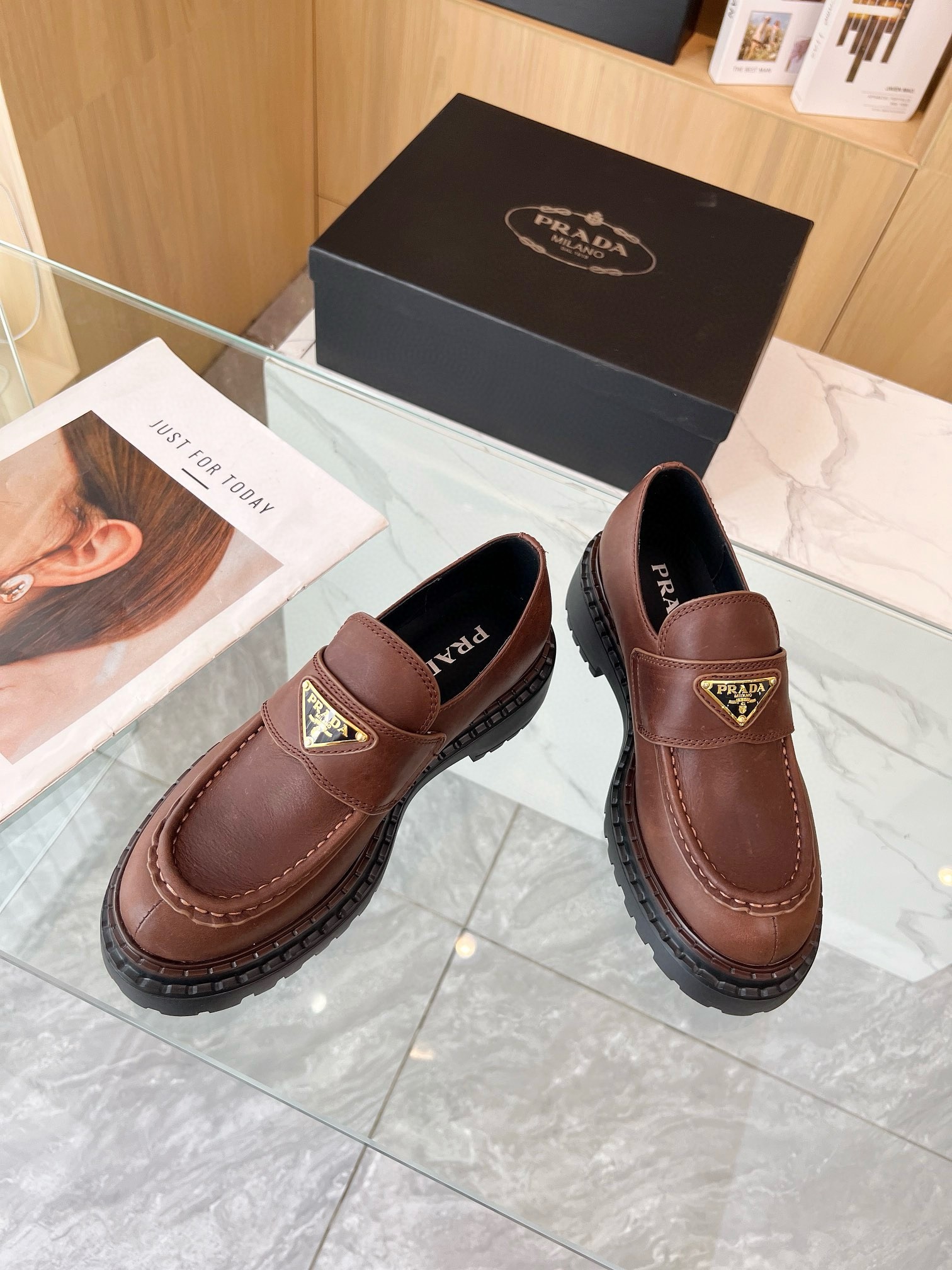 Prada Women's Double Chocolate Loafers in Cognac Leather