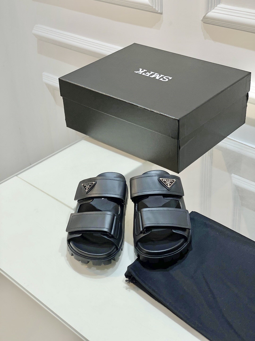 Prada Men's Strap Sandals in Black Leather