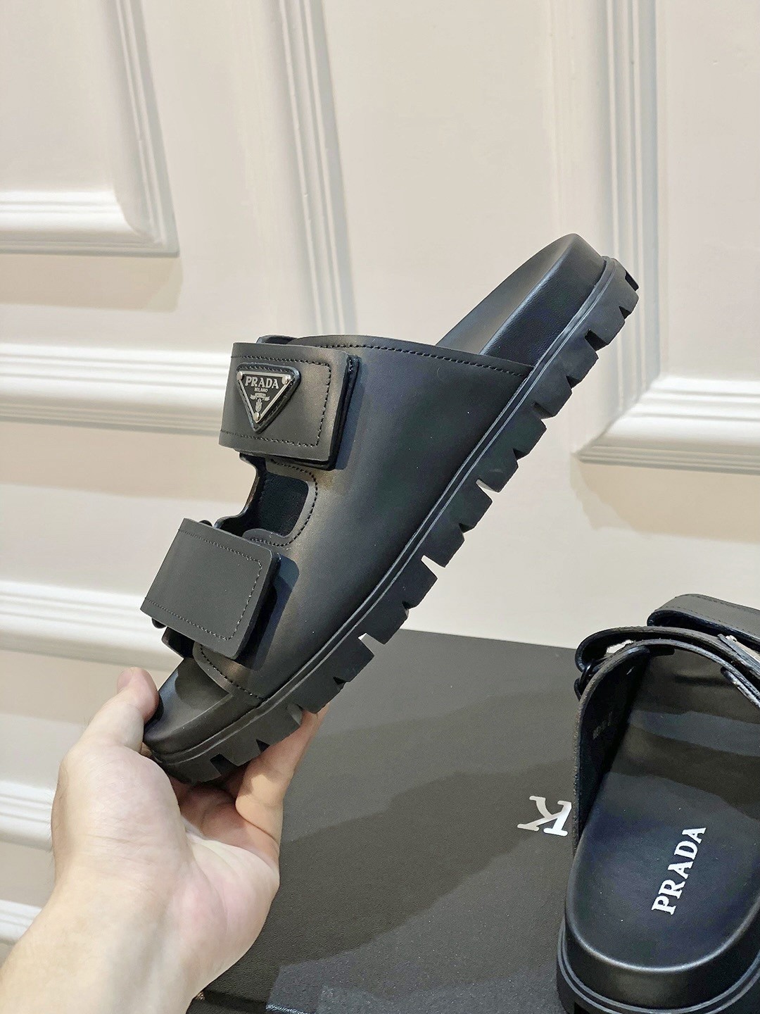 Prada Men's Strap Sandals in Black Leather