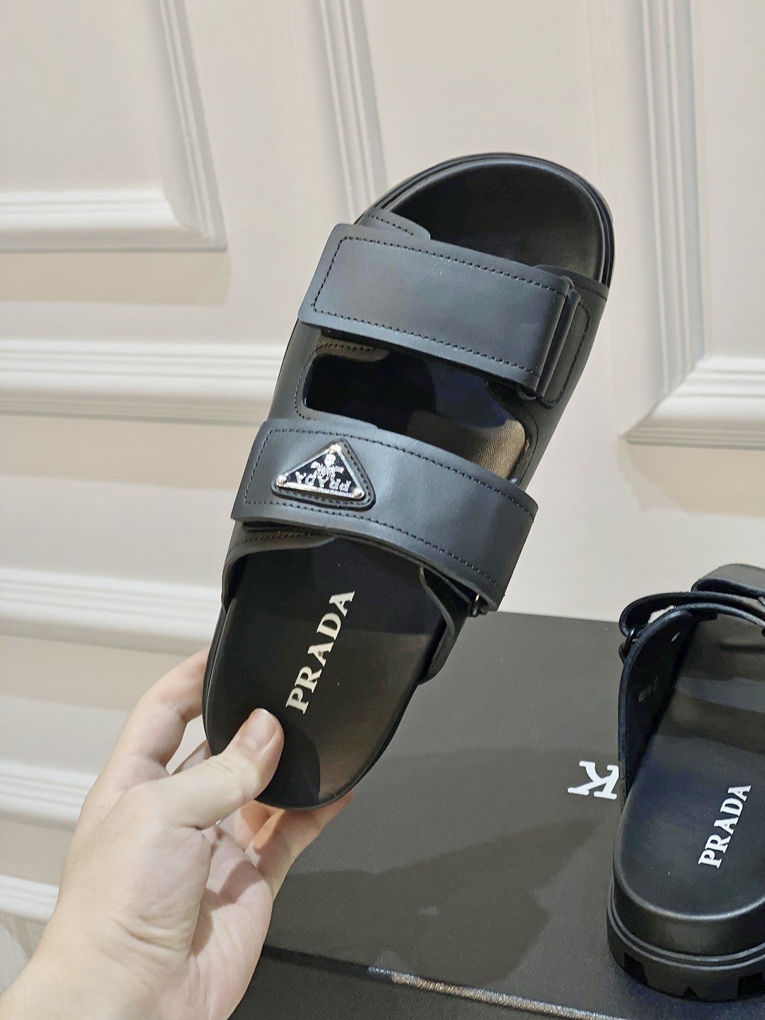 Prada Men's Strap Sandals in Black Leather