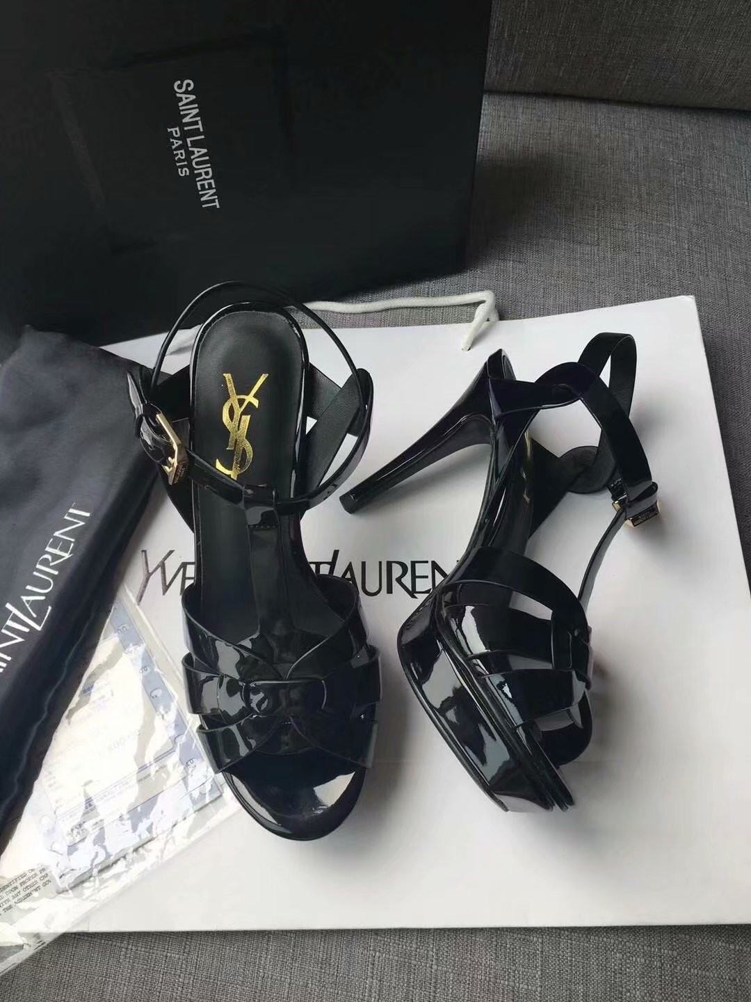 Saint Laurent Tribute Sandals In Black Patent Leather