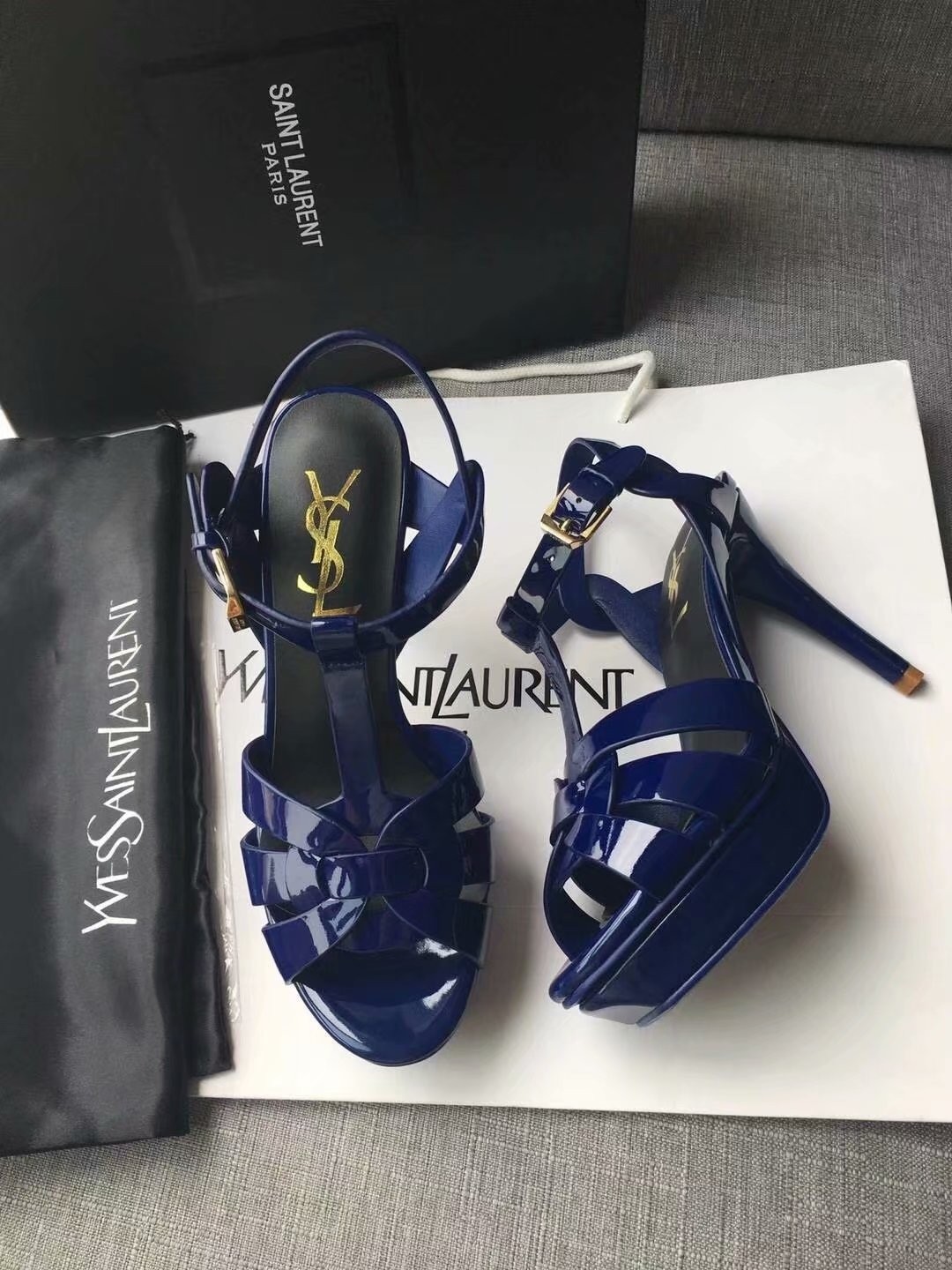 Saint Laurent Tribute Sandals In Blue Patent Leather