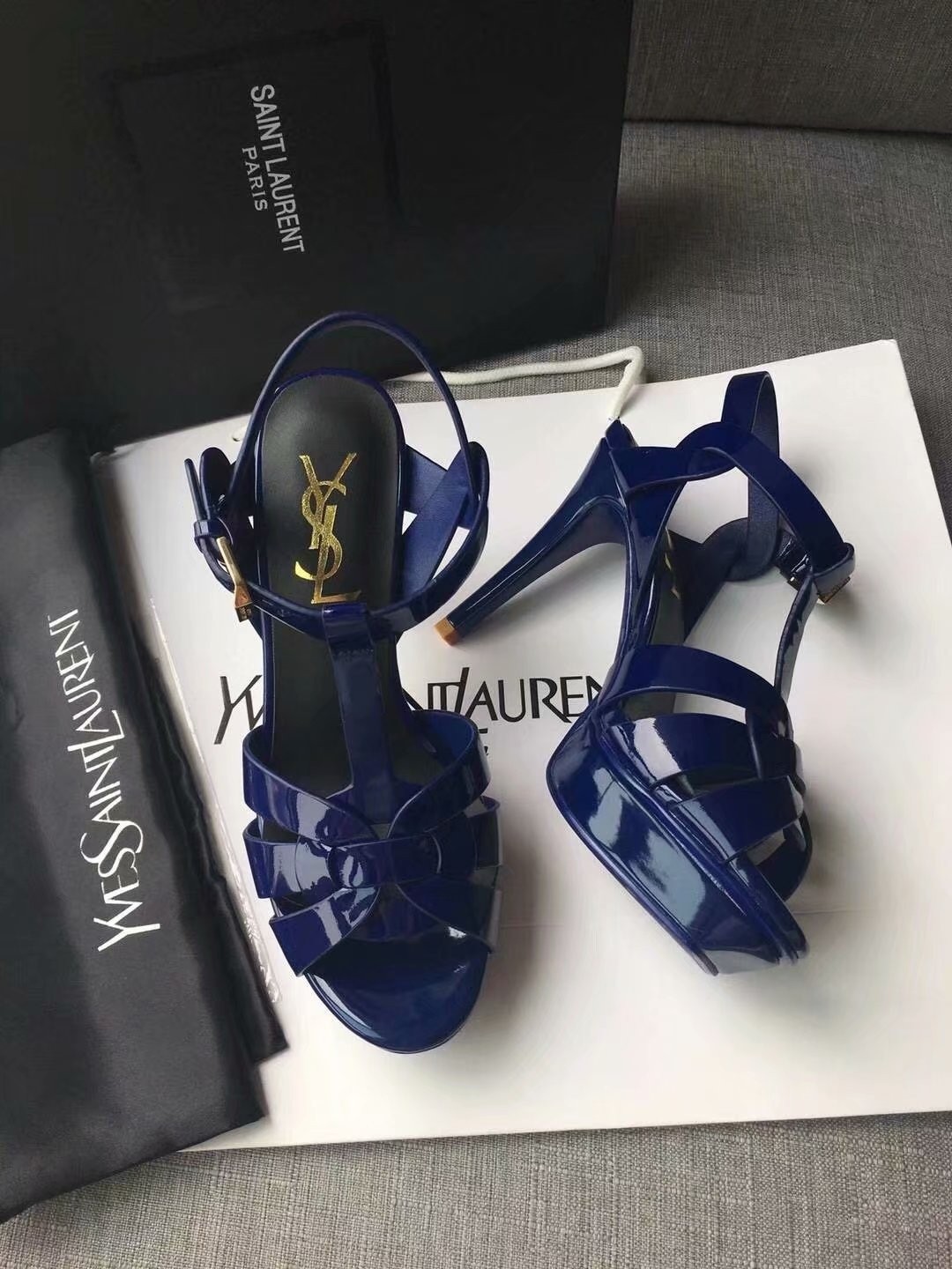 Saint Laurent Tribute Sandals In Blue Patent Leather