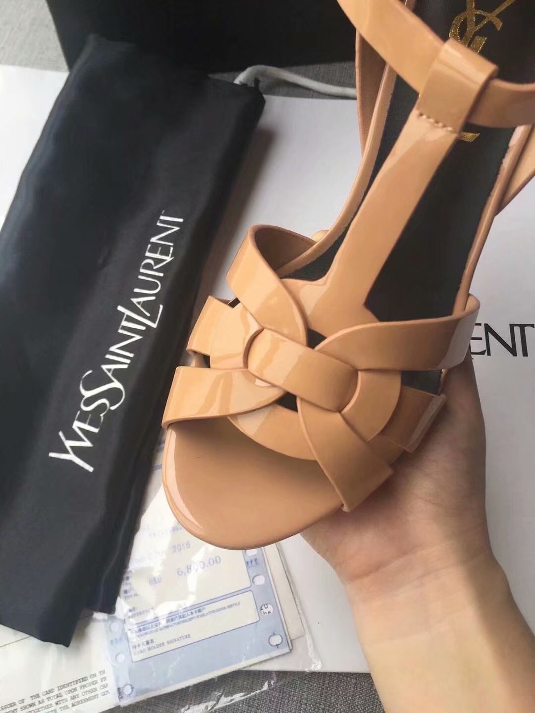 Saint Laurent Tribute Sandals In Dark Dune Patent Leather