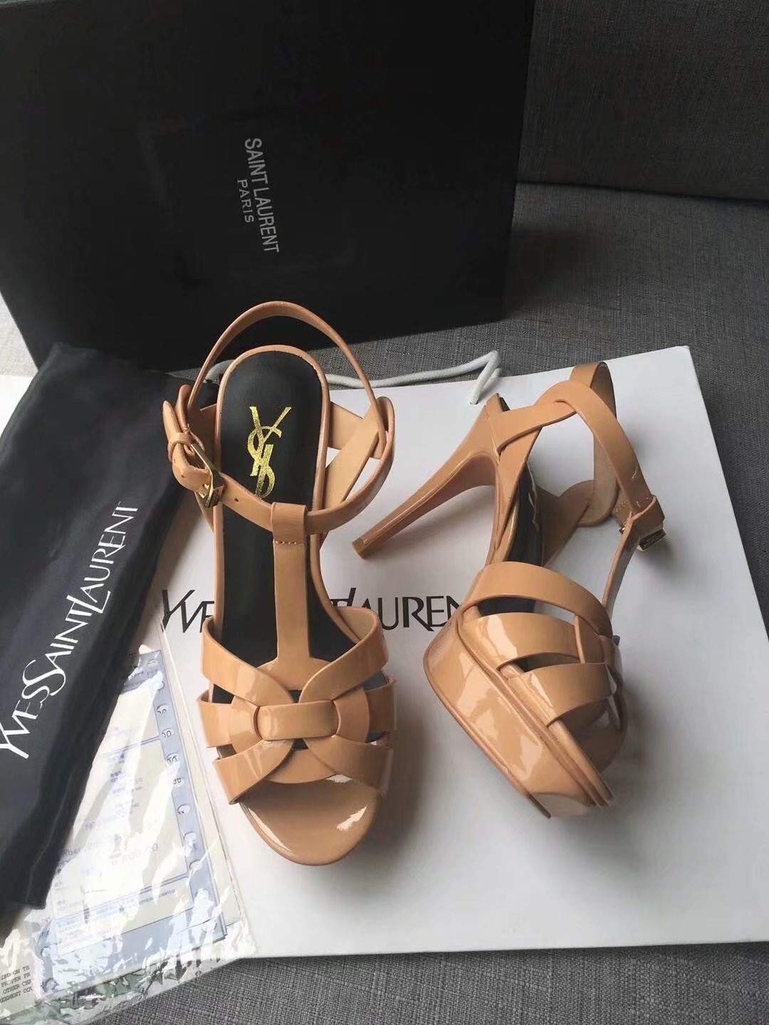 Saint Laurent Tribute Sandals In Dark Dune Patent Leather