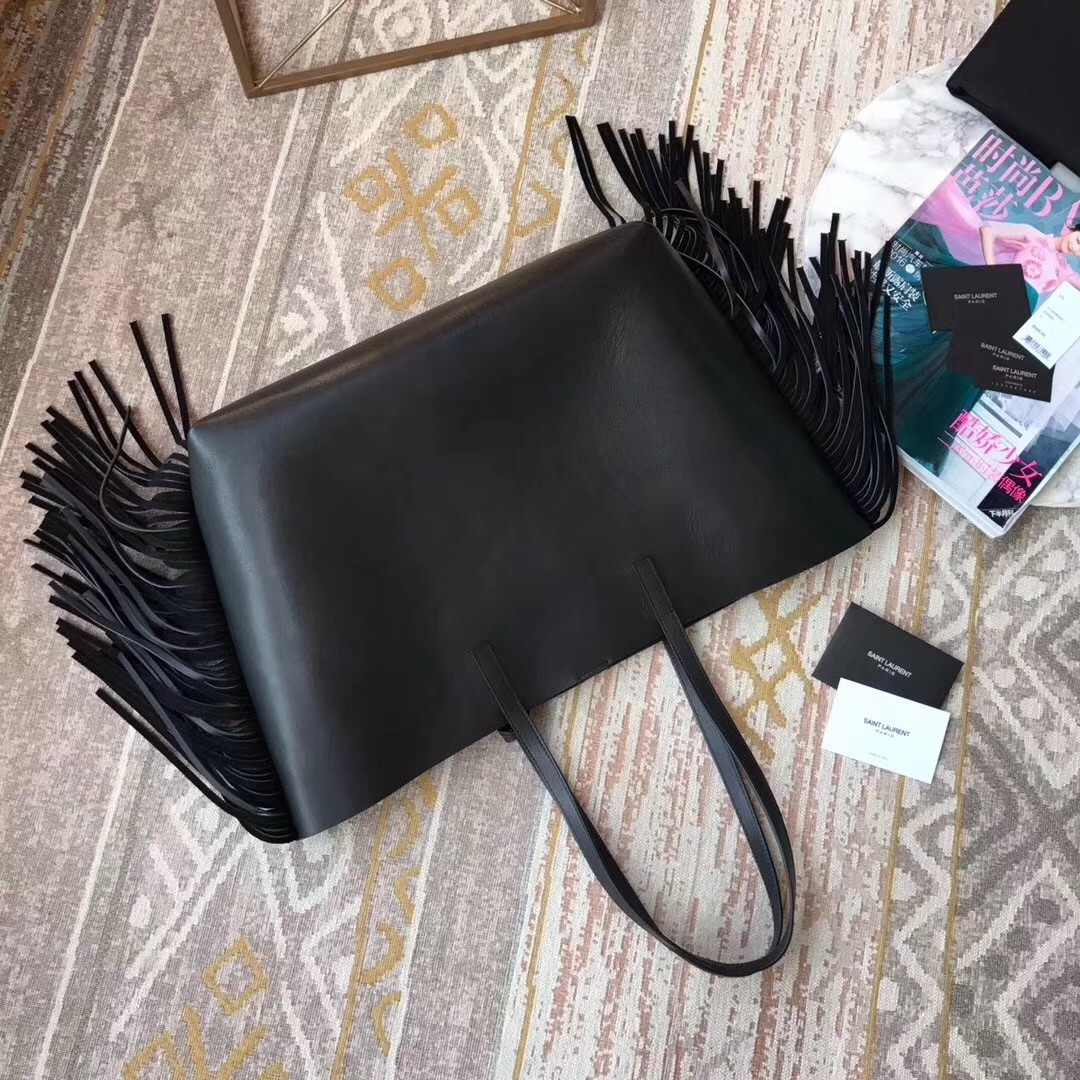 Saint Laurent Black Fringed Shopping Tote Bag