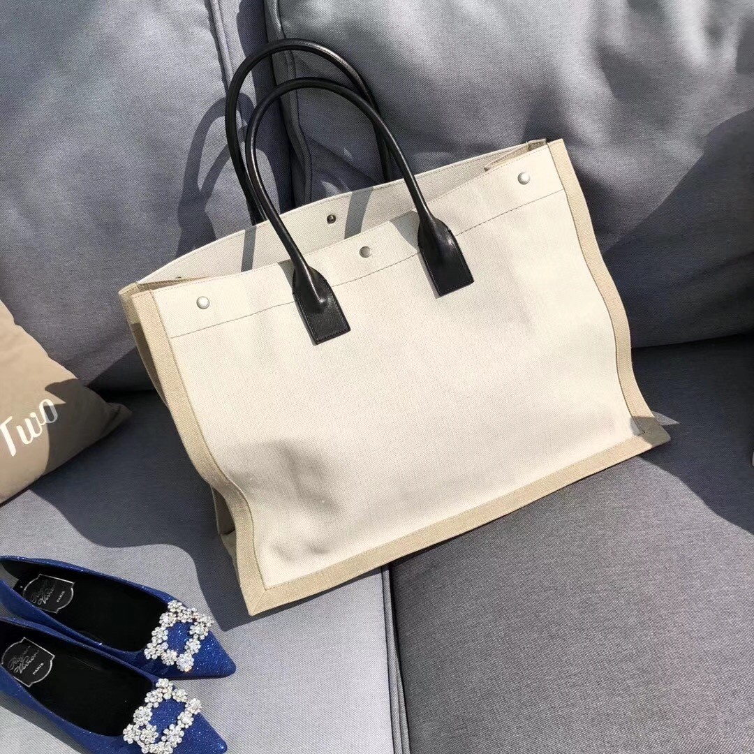 Saint Laurent White Linen Rive Gauche Tote Bag