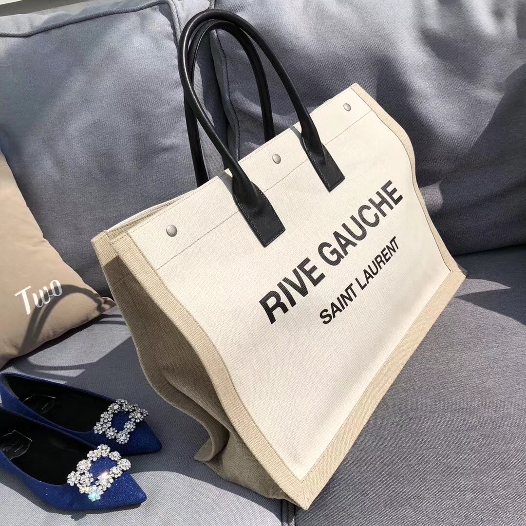 Saint Laurent White Linen Rive Gauche Tote Bag